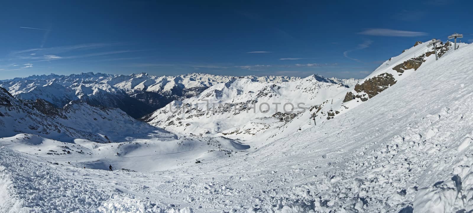 Panoramic view down snow covered valley in alpine mountain range on blue sky background