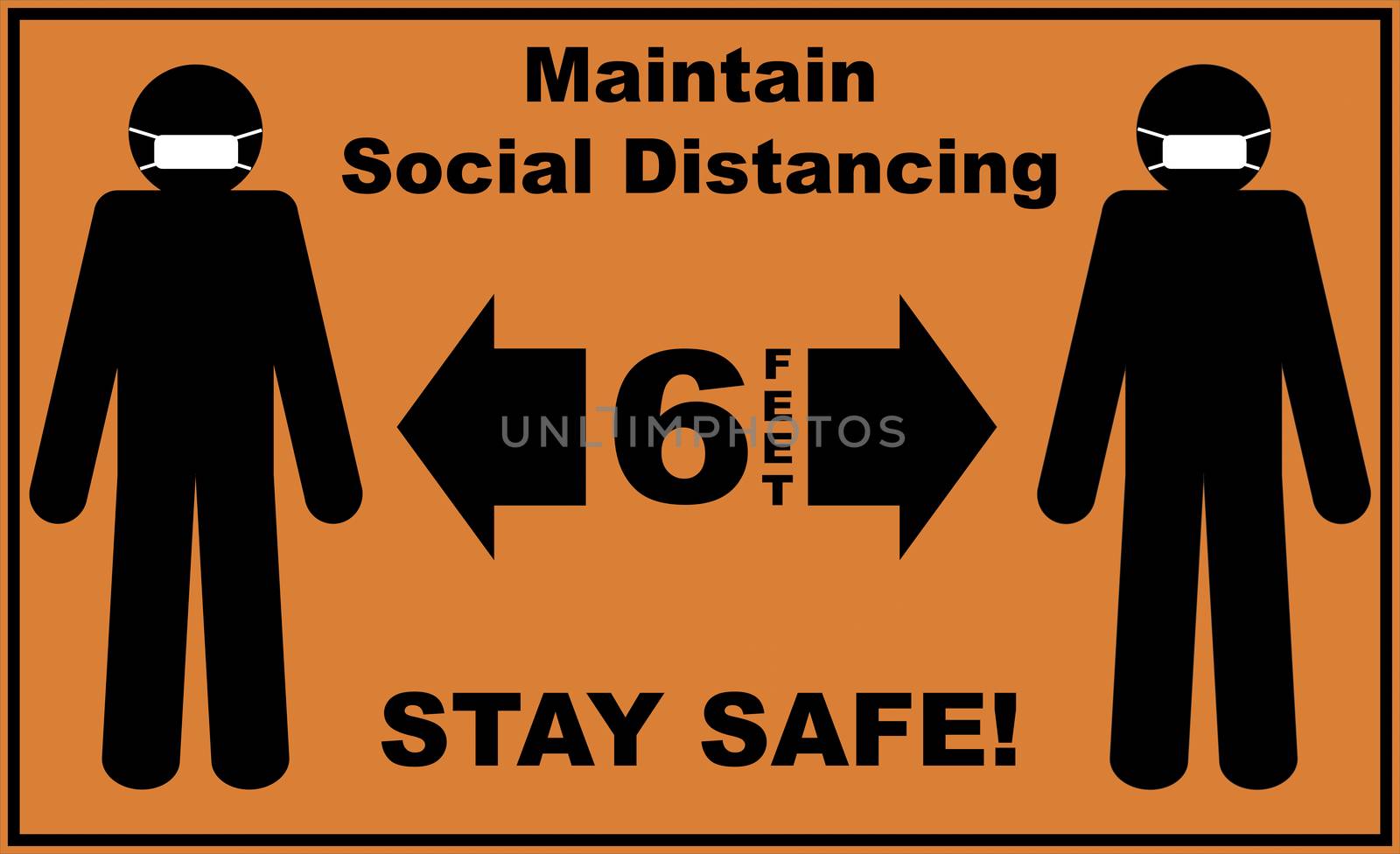 Social distance sign board with two silhouettes of men wearing masks and text asking to maintain 6 feet of social distancing