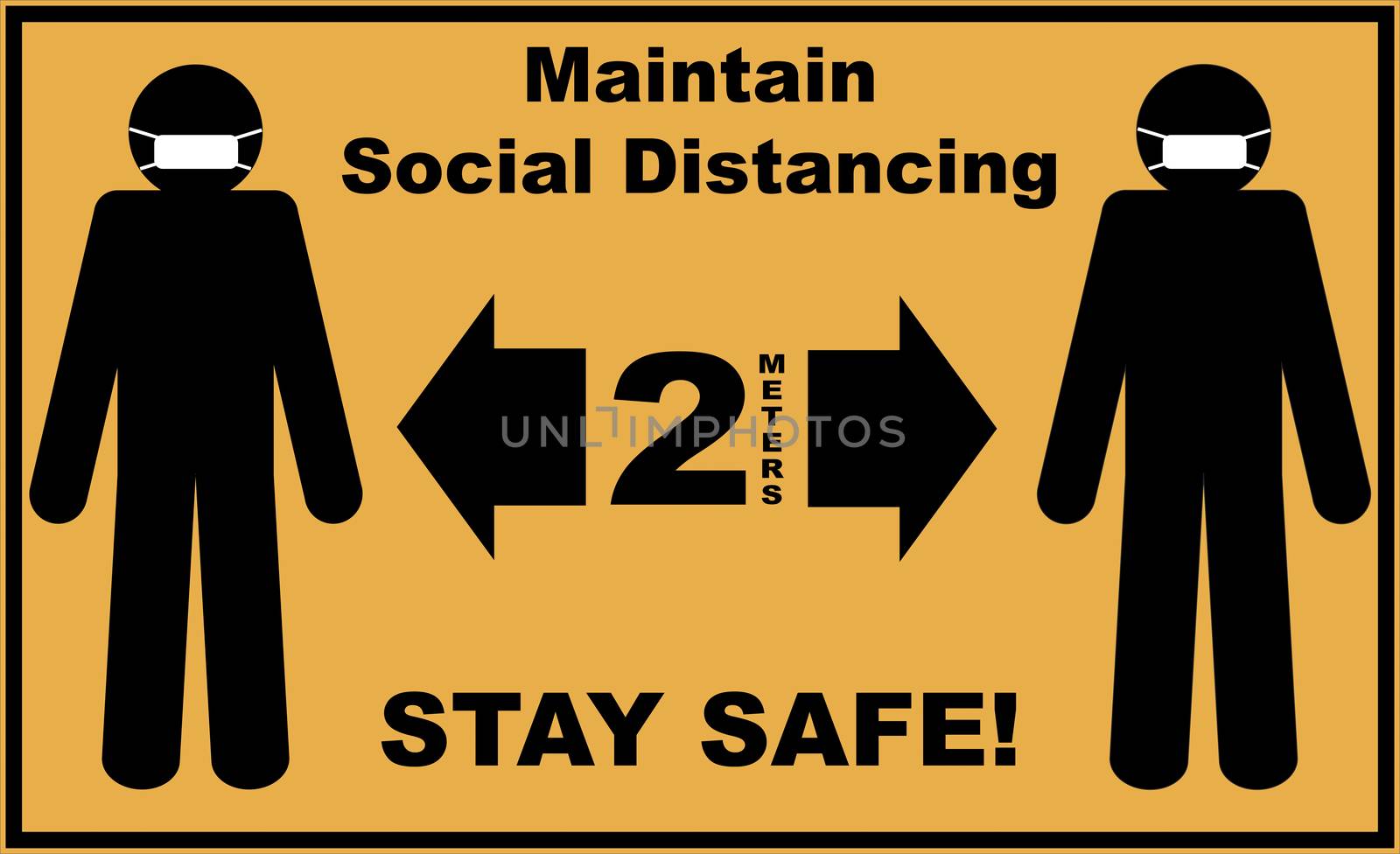 Social distance sign board with two silhouettes of men wearing masks and text asking to maintain 2 meters of social distancing