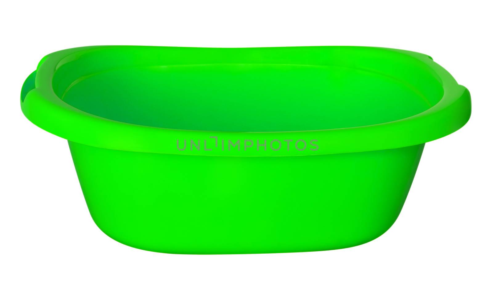 Empty green baby plastic bath tub isolated on white. Clipping path included.