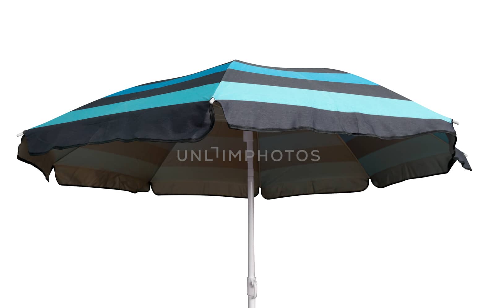 Blue striped umbrella isolated on white. Clipping path included.