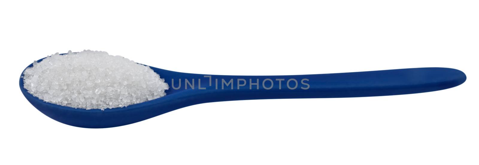 Single blue porcelain spoon with sugar isolated on white. Clipping path included.