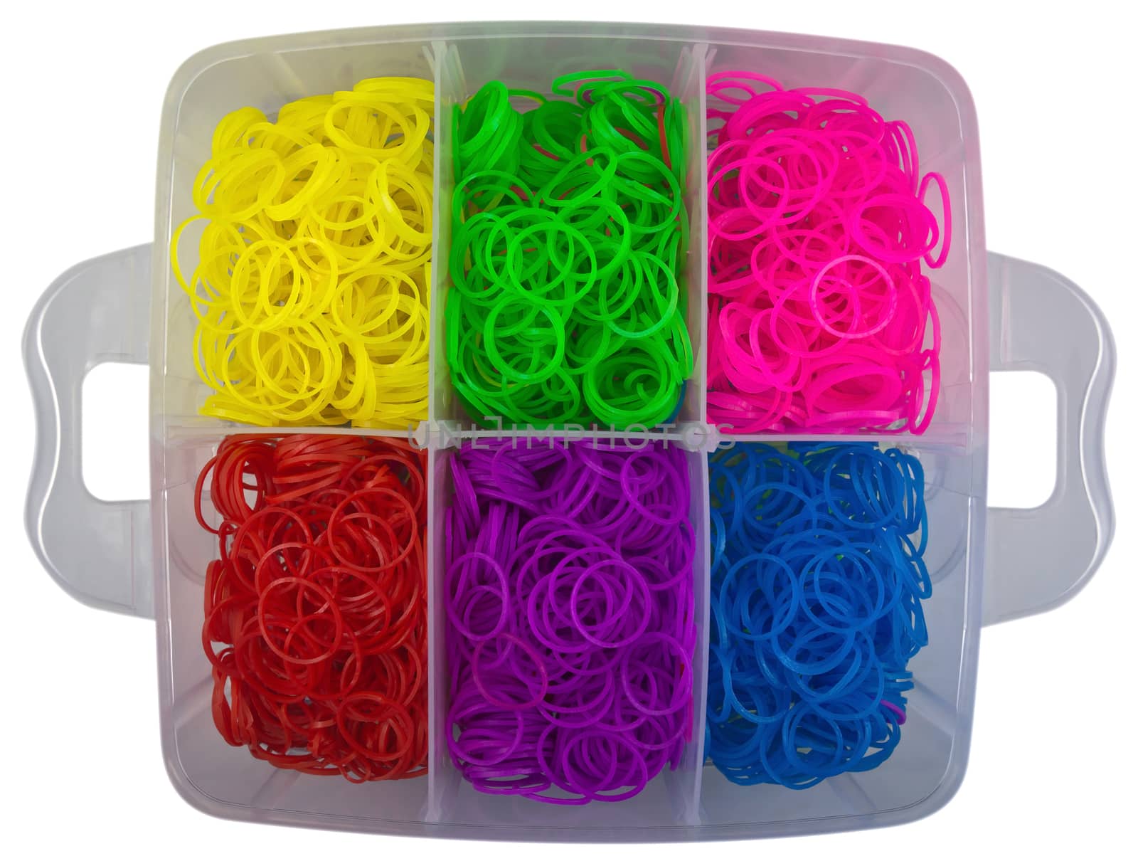 Box with colorful rubber isolated on white. Clipping path included.