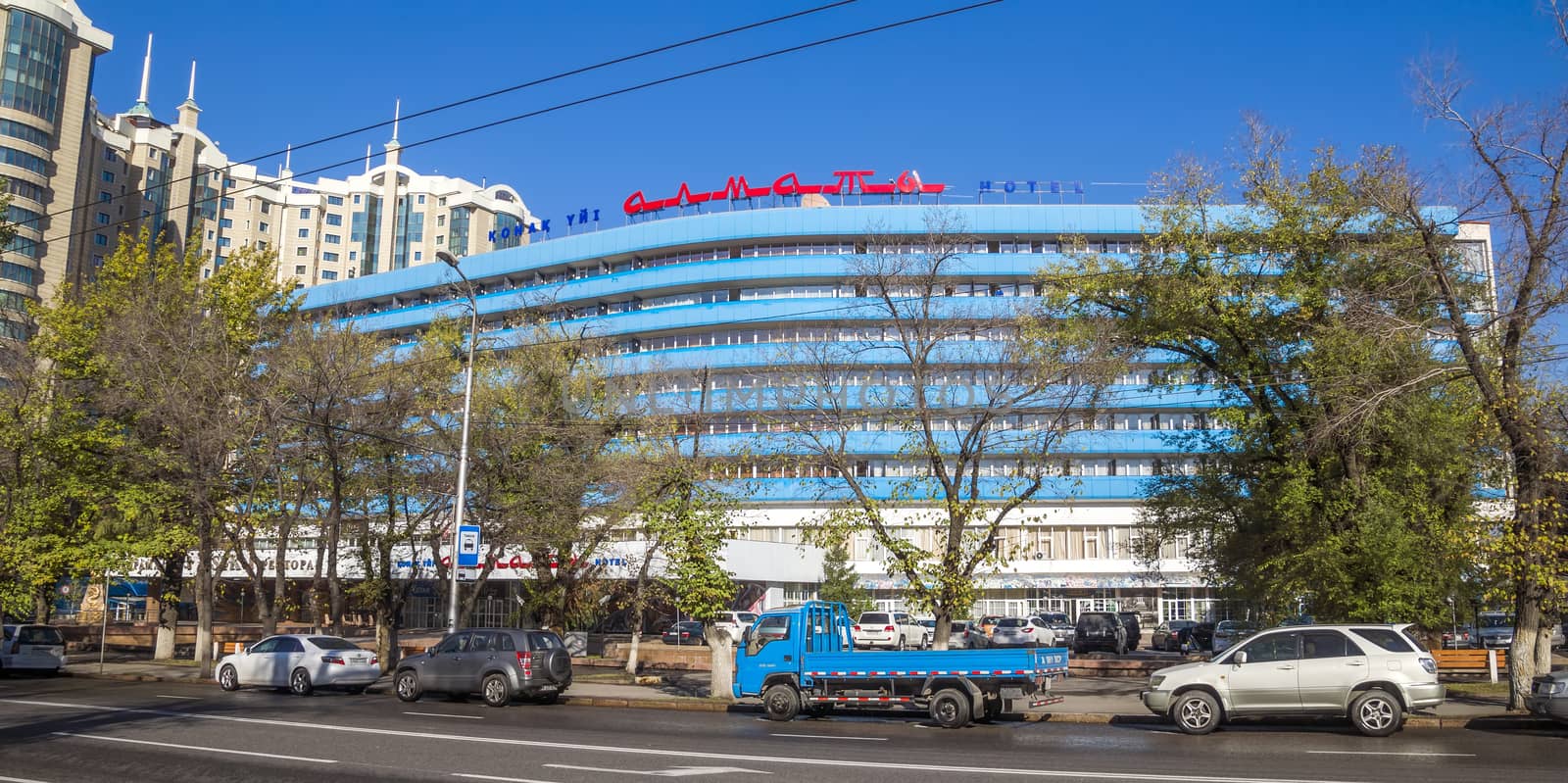 ALMATY, KAZAKHSTAN - OCTOBER 20, 2015: Hotel "Almaty" was built in the late 60s of the last century and is a historical, architectural monument.

Almaty, Kazakhstan - October 20, 2015: Hotel "Almaty" was built in the late 60s of the last century and is a historical, architectural monument.