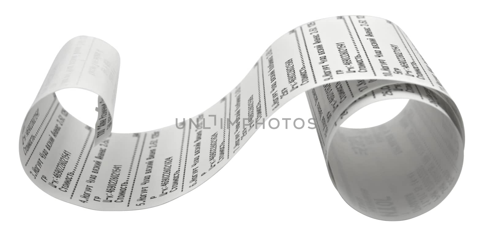 Fiscal receipt isolated on white background. Clipping path included.