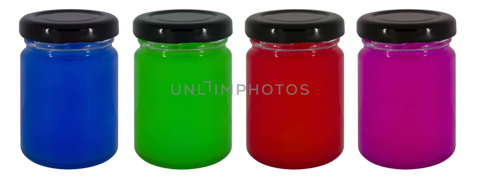 Jars of colorful jam isolated on white background.