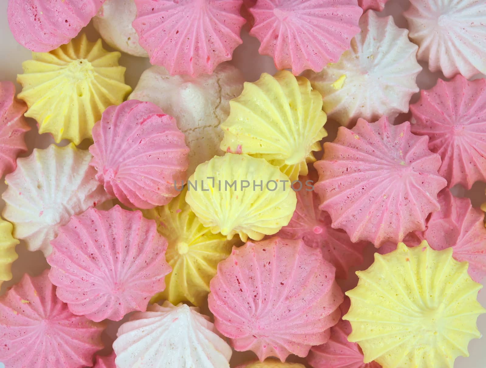 French vanilla meringue cookies close up background.
