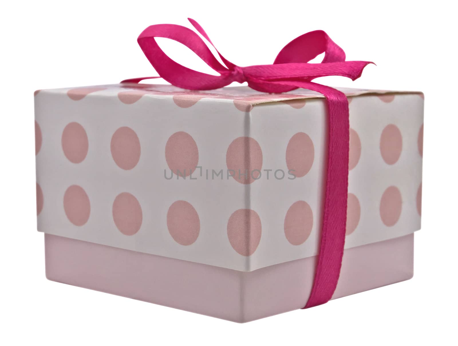 Small gift box with pink ribbon bow, isolated on white. Clipping path included.