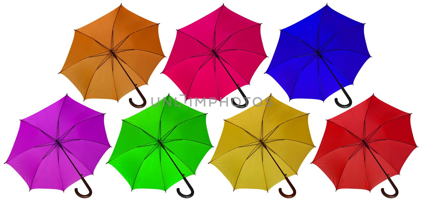 Open colorful umbrellas isolated on white background.