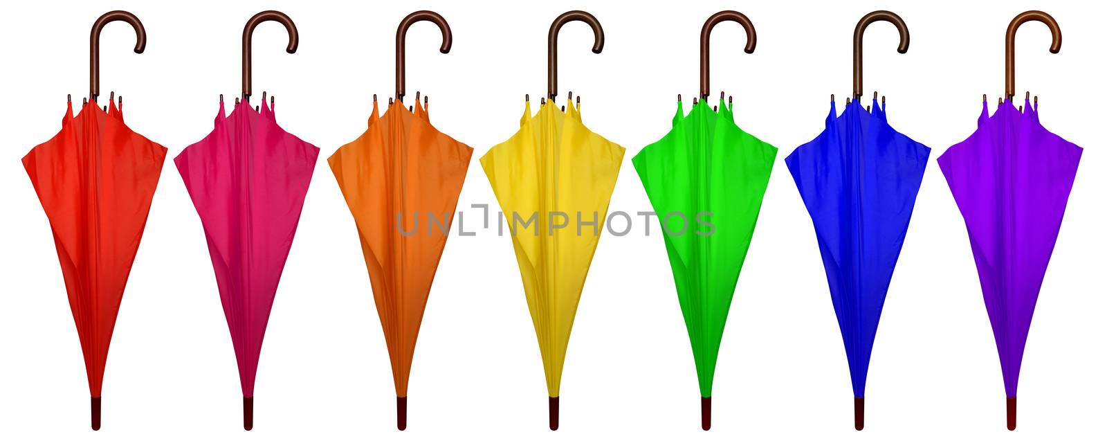 Colorful folded umbrellas isolated on white.