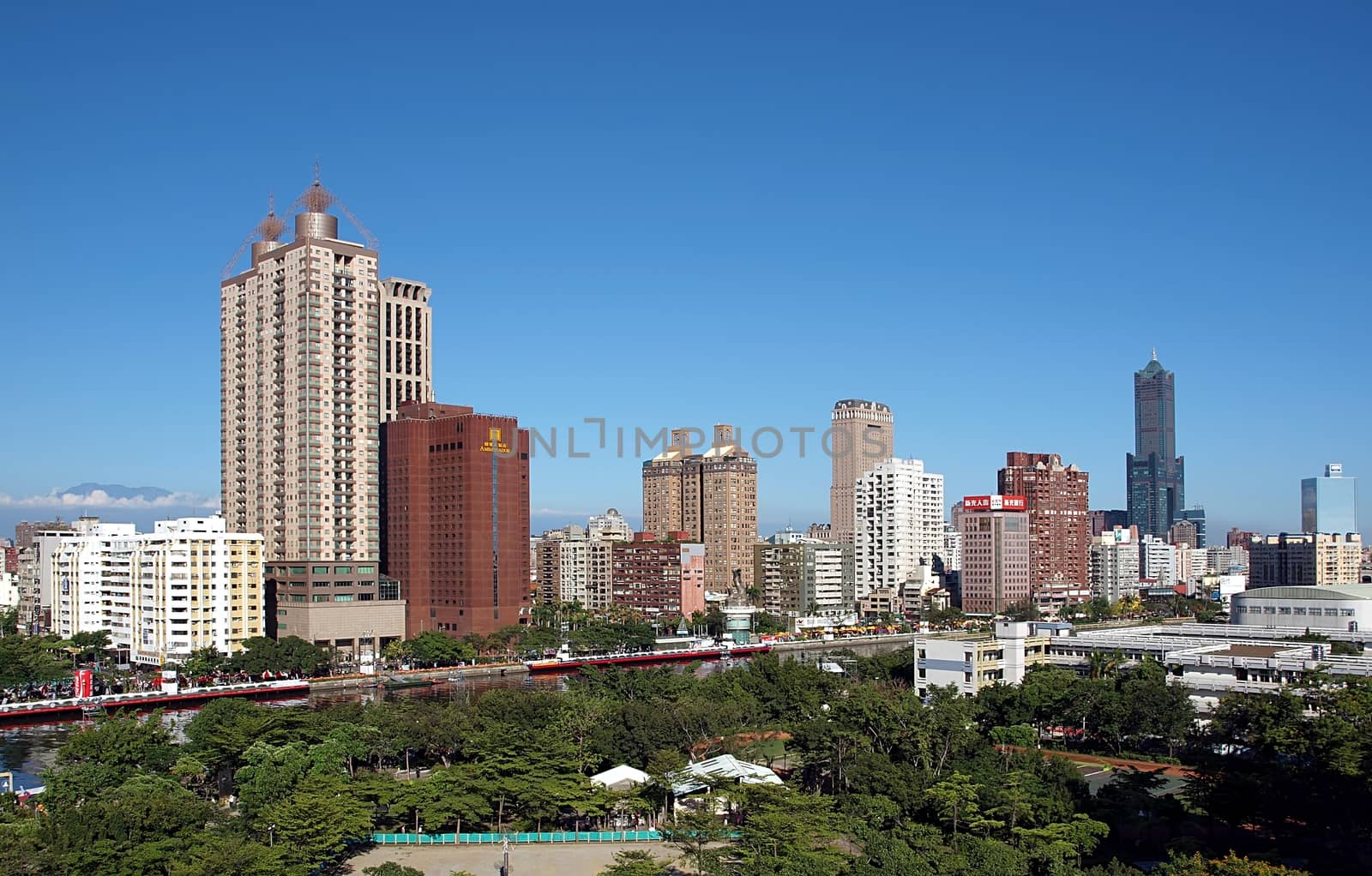View of Kaohsiung City in Taiwan, with the Love River in the foreground