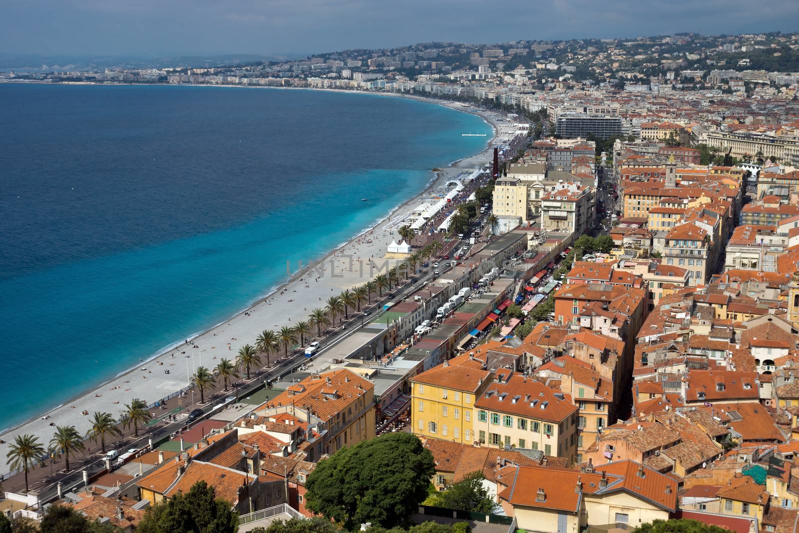 Promenade des Anglais and panoramic view on city of Nice, French Riviera, France