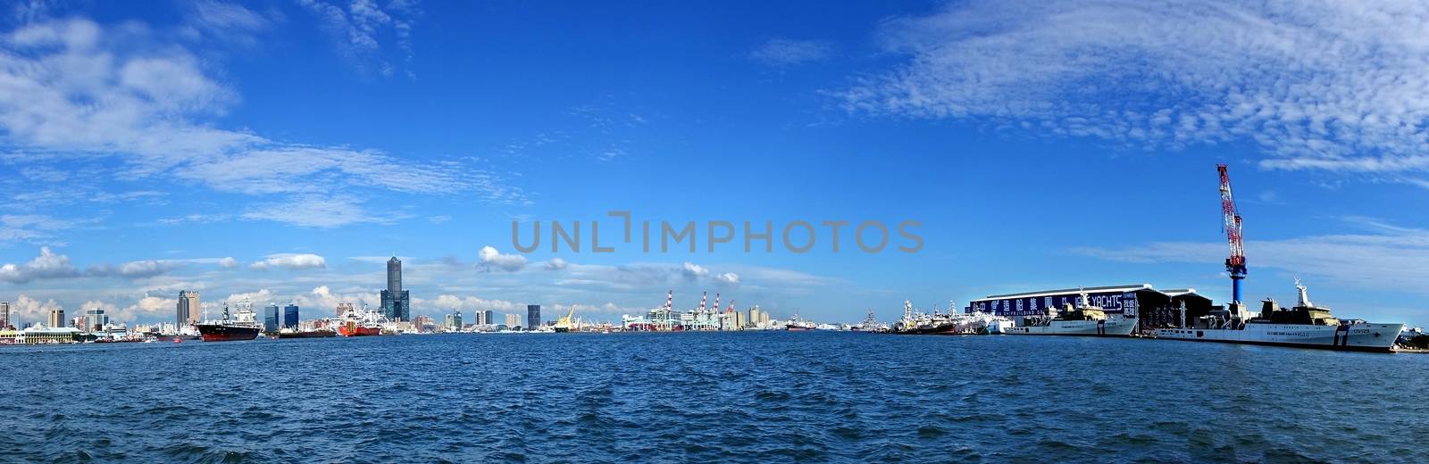 KAOHSIUNG, TAIWAN -- MAY 11, 2014: A super wide panoramic view of Kaohsiung city and port 
