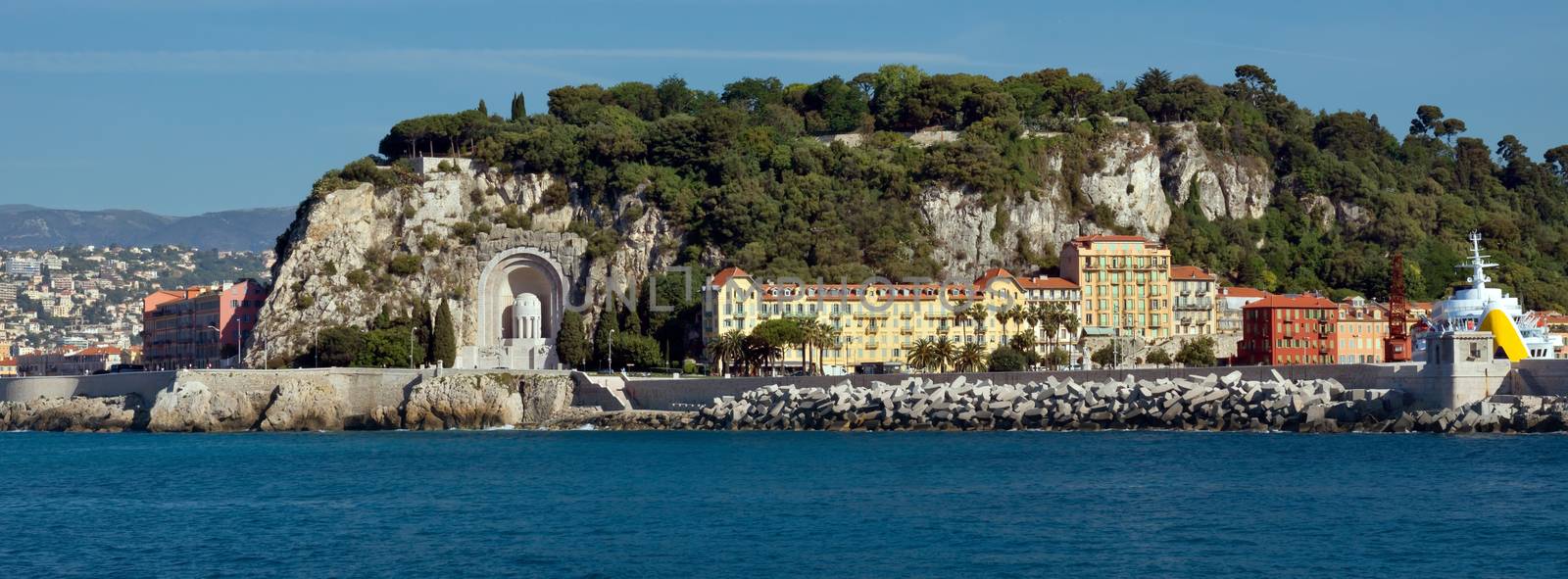 Architecture along Promenade des Anglais.  It is a symbol of the Cote d'Azur and was built in 1830 at the expense of the British colony. View from the Mediterranean Sea.