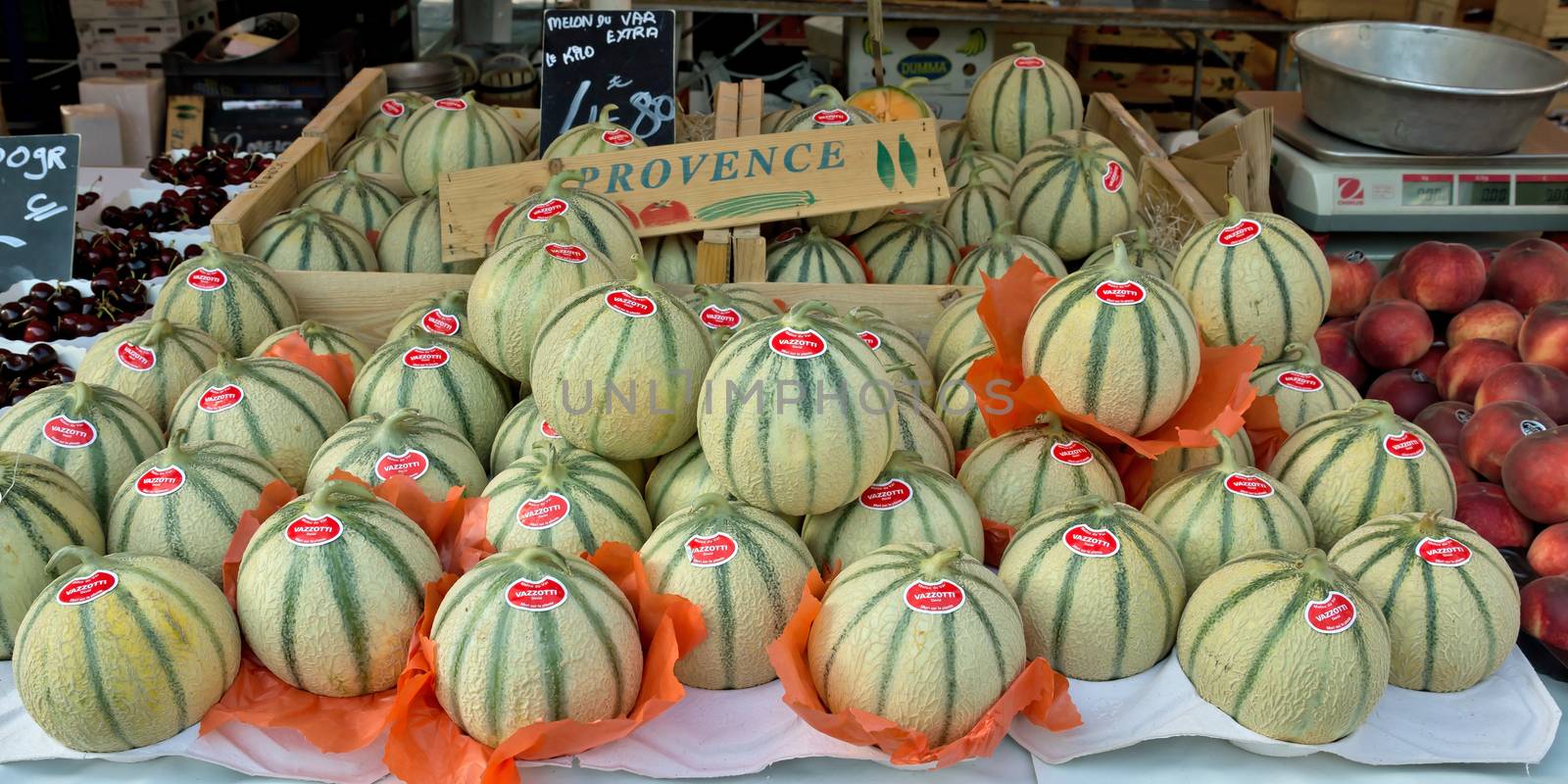 NICE, FRANCE - JUNE 8, 2014: Sweet melons on a street market in city of Nice.

Nice, France - June 8, 2014: Sweet melons on a street market in city of Nice.