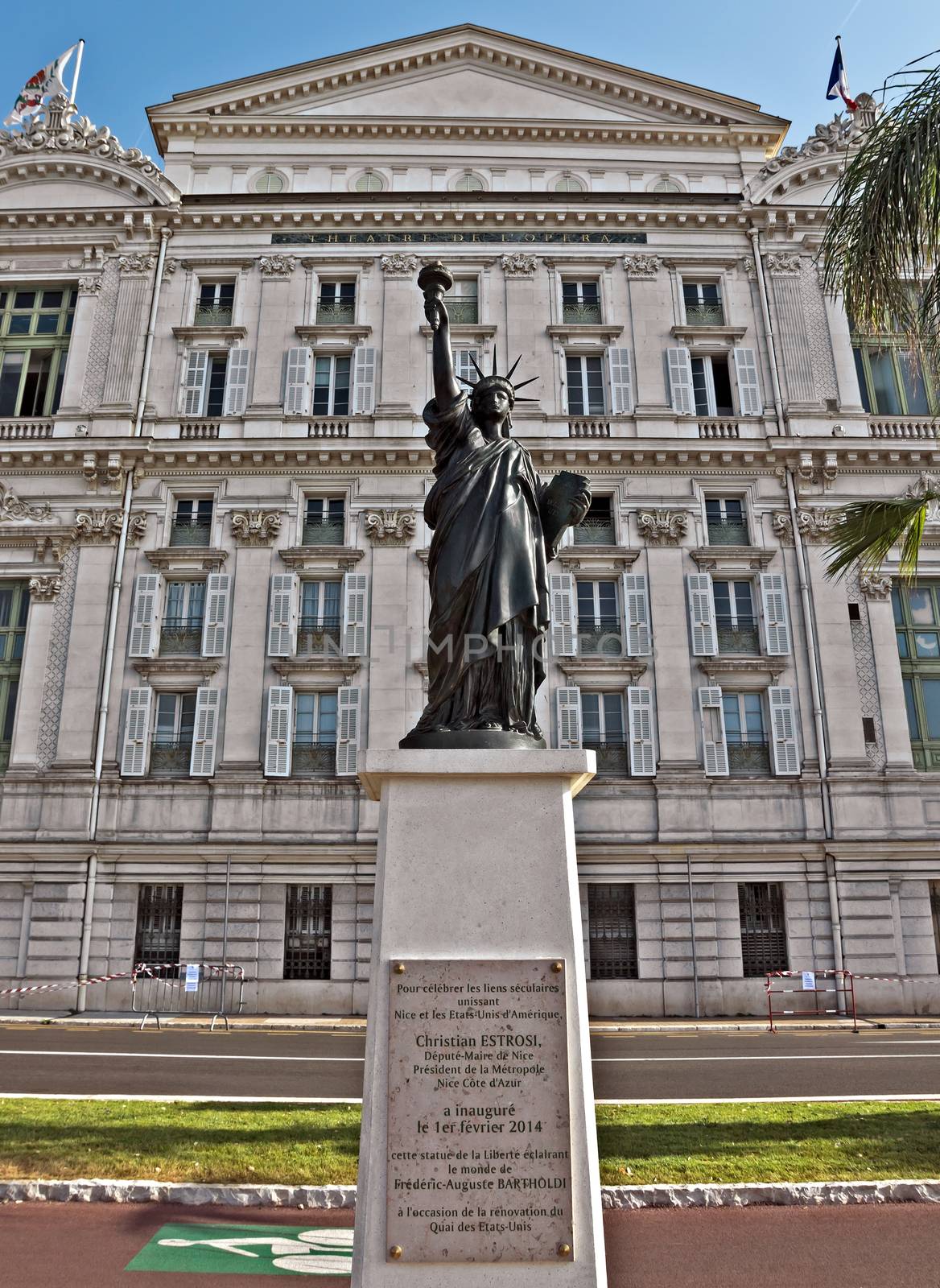 Front facade of the Opera house with statue of Liberty in city of Nice, France.