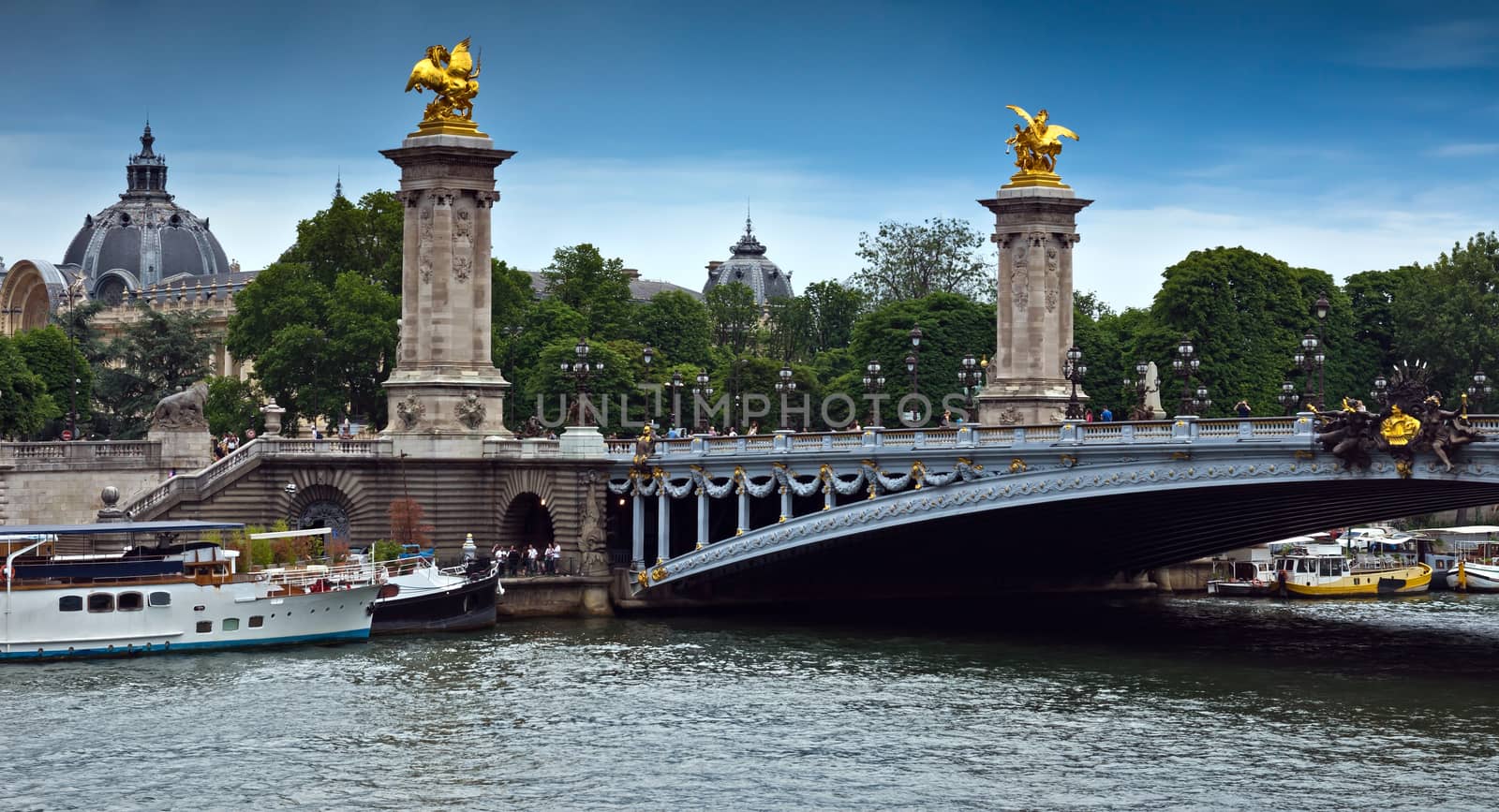 PARIS, FRANCE - JUNE 9, 2014: Pont Alexandre III, Paris, France. The bridge, with its Art Nouveau lamps, cherubs, nymphs and winged horses at either end, was built between 1896 and 1900. 

Paris, France - June 9, 2014: Pont Alexandre III, Paris, France. The bridge, with its Art Nouveau lamps, cherubs, nymphs and winged horses at either end, was built between 1896 and 1900. People are standing under a bridge and are walking by bridge.