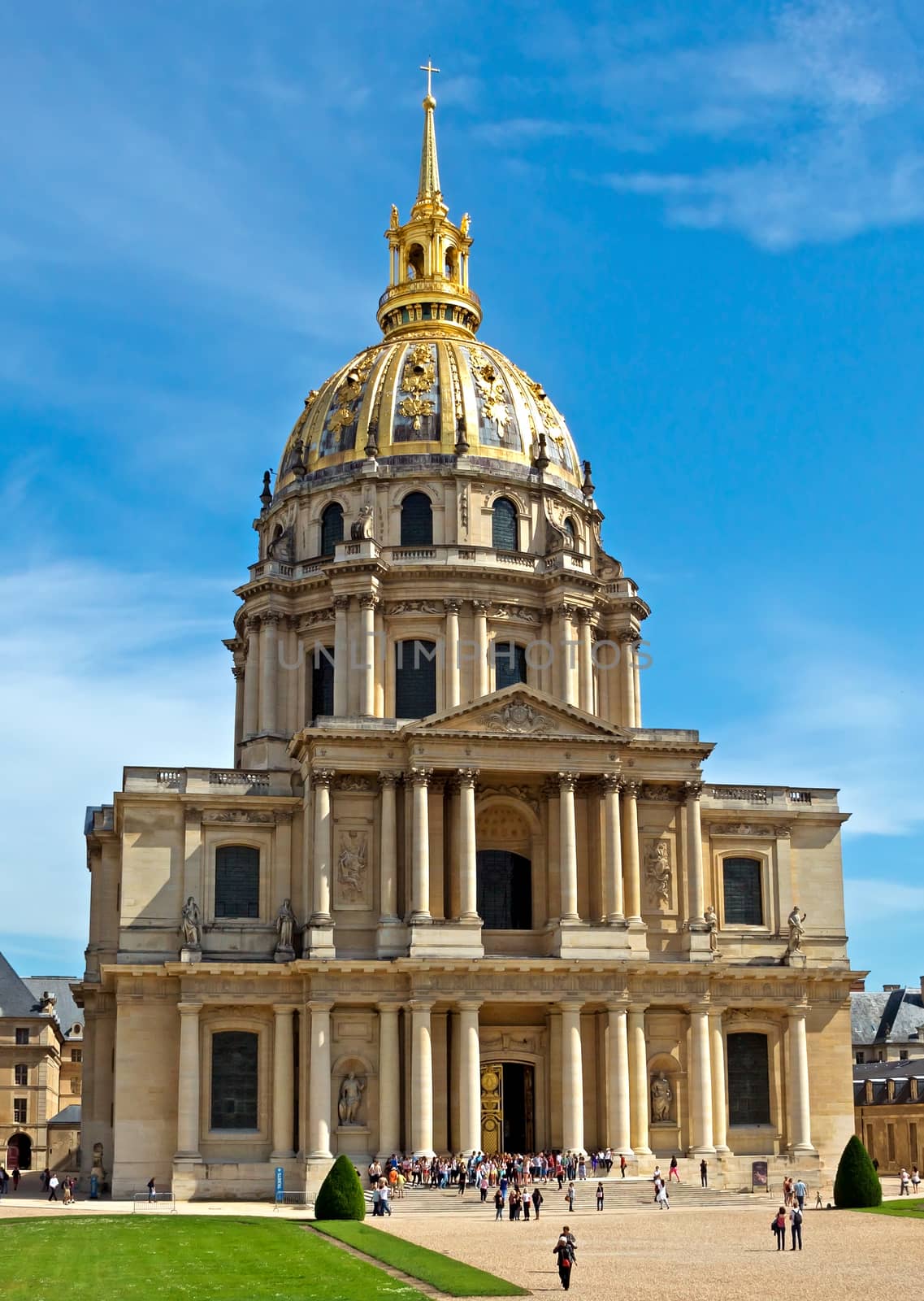 Les Invalides hospital and chapel dome. As well as a hospital and a retirement home for war veterans since 1678. The Invalides contains the tomb of Napoleon and was built for Louis XIV in 1671.

PARIS - JUNE 11: Les Invalides hospital and chapel dome on June 11, 2014 in Paris, France. As well as a hospital and a retirement home for war veterans since 1678

Paris, France - June 11, 2014: Les Invalides hospital and chapel dome. As well as a hospital and a retirement home for war veterans since 1678. The Invalides contains the tomb of Napoleon and was built for Louis XIV in 1671. This golden dome can be seen for miles around Paris. People are visiting the Les Invalides.