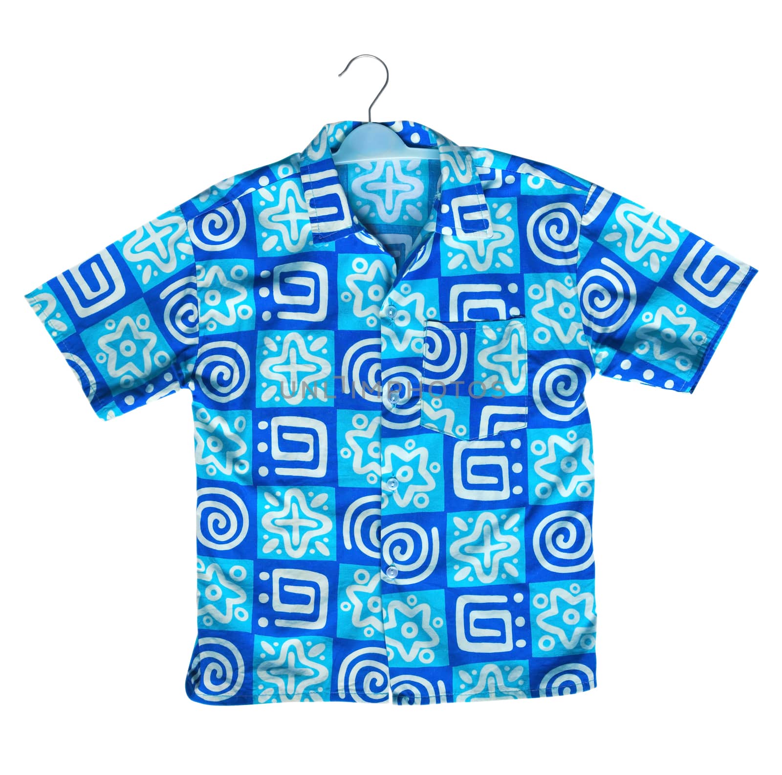 Blue shirt on a hanger isolated on the white. Clipping Path included.

