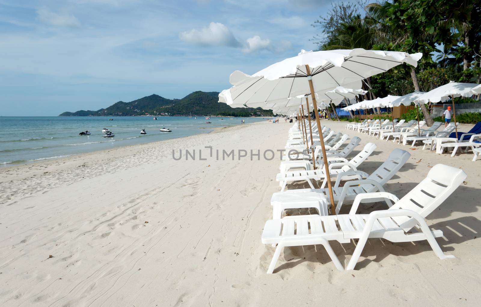 White Sandy Beach with Loungers and Umbrellas in Koh Samui, Thailand