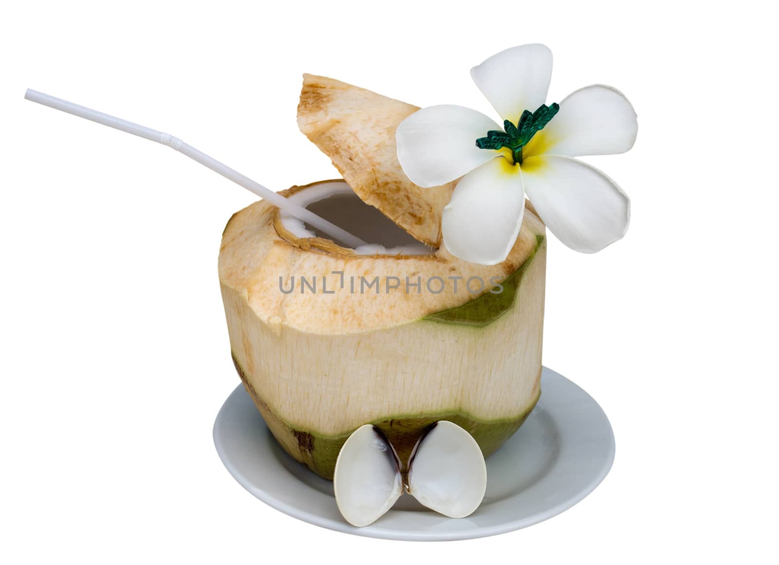 Green coconut with drinking straw isolated on white. Clipping path included.