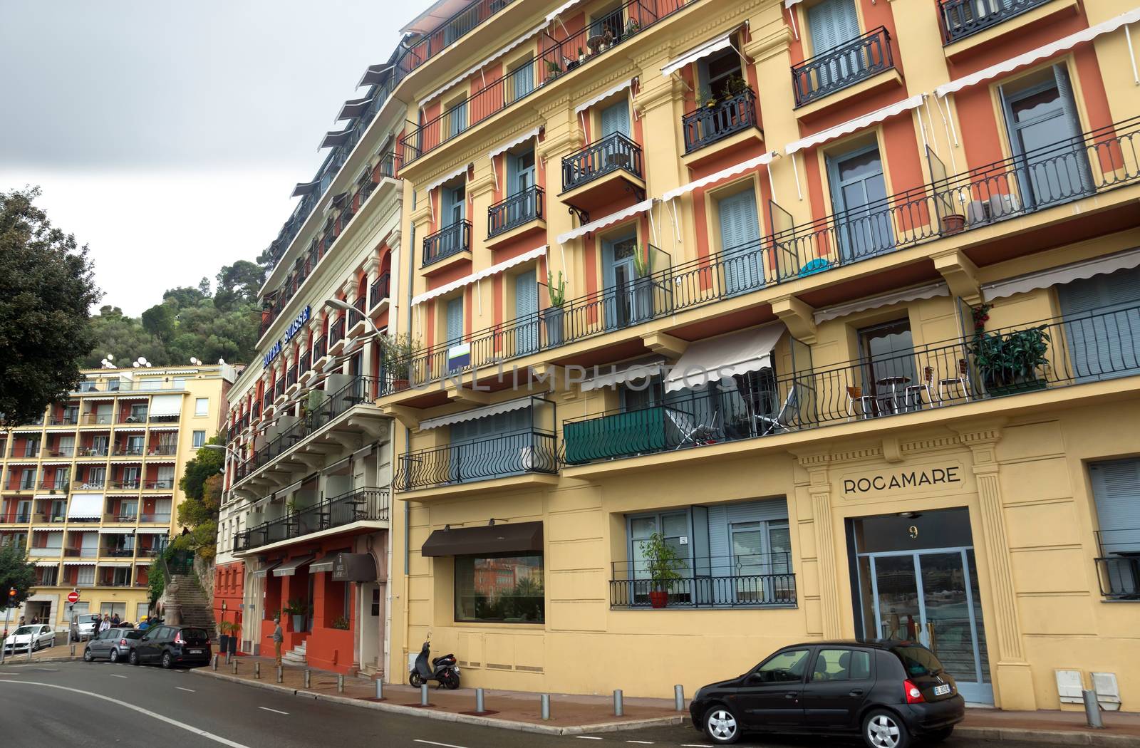 NICE, FRANCE - APRIL 27: Luxury Hotel Suisse on April 27, 2013 in Nice, France. Hotel Suisse set on the seafront in the historic district of Nice with exceptional views over the Baie des Anges and the Promenade des Anglais.

Nice, France - April 27, 2013: Luxury Hotel Suisse on English Promenade in Nice, French Riviera. Hotel Suisse set on the seafront in the historic district of Nice with exceptional views over the Baie des Anges and the Promenade des Anglais.