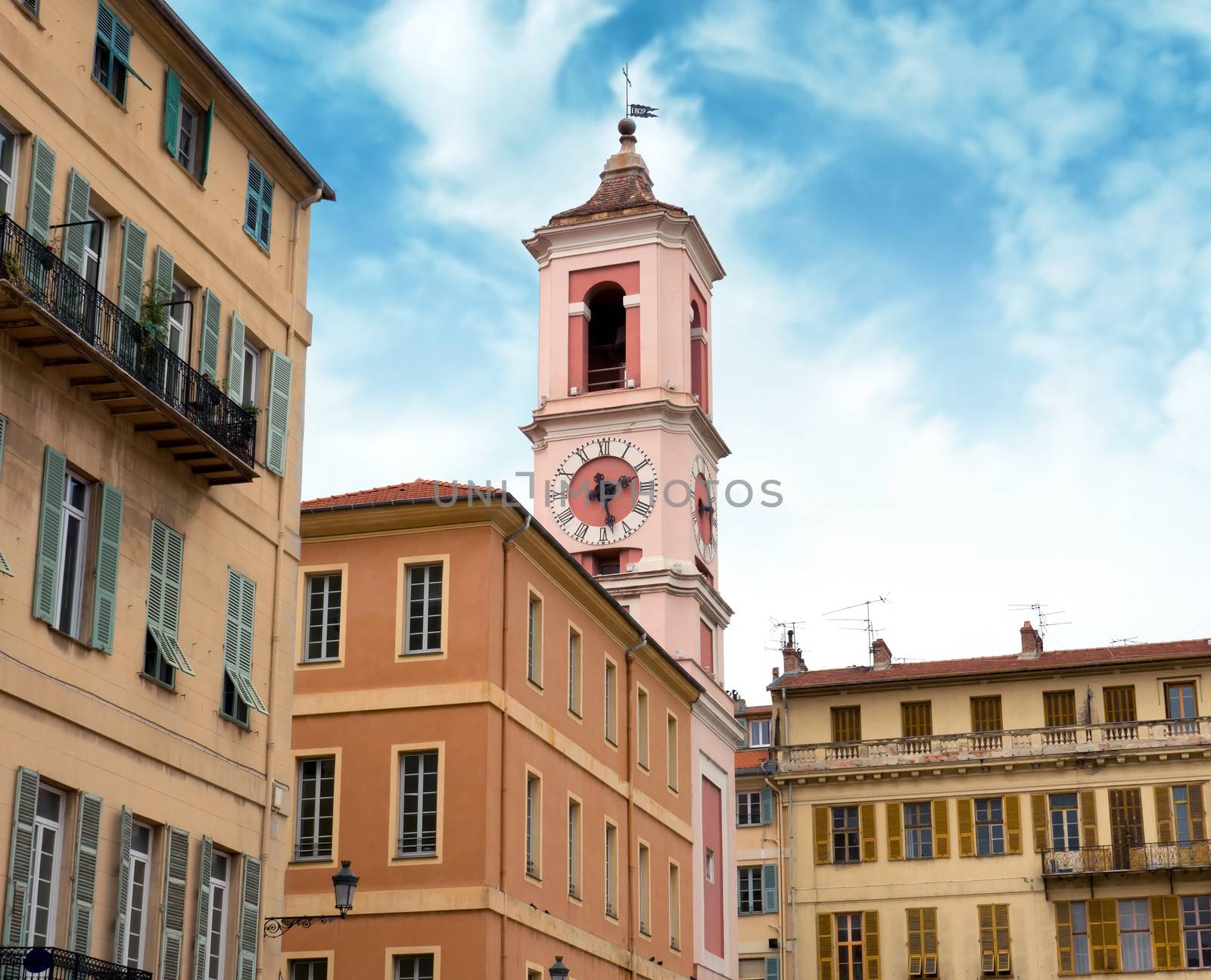 Clock tower of Rusca Palace in Nice France