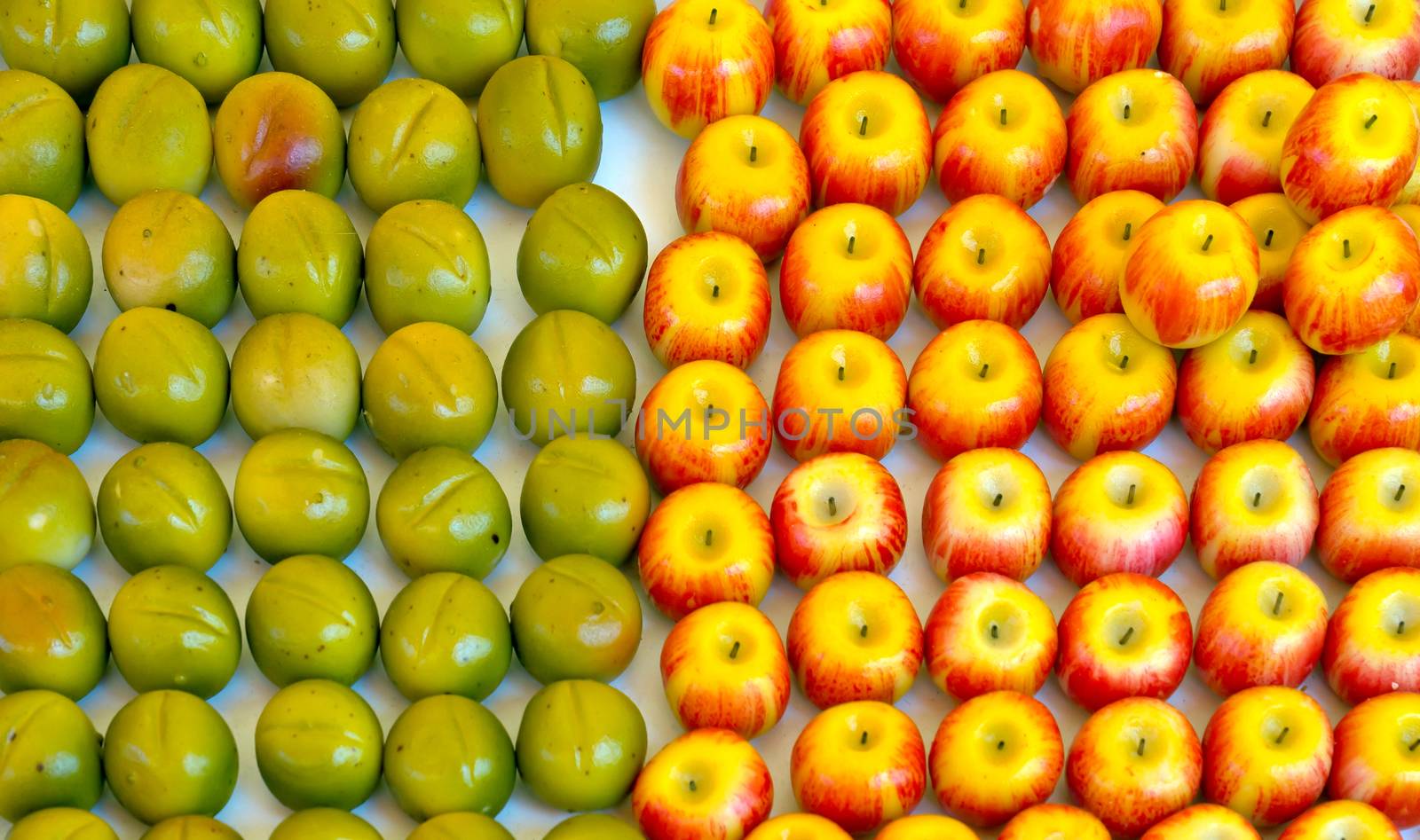 Colorful candy made like fruit. Market in city of Nice, France.