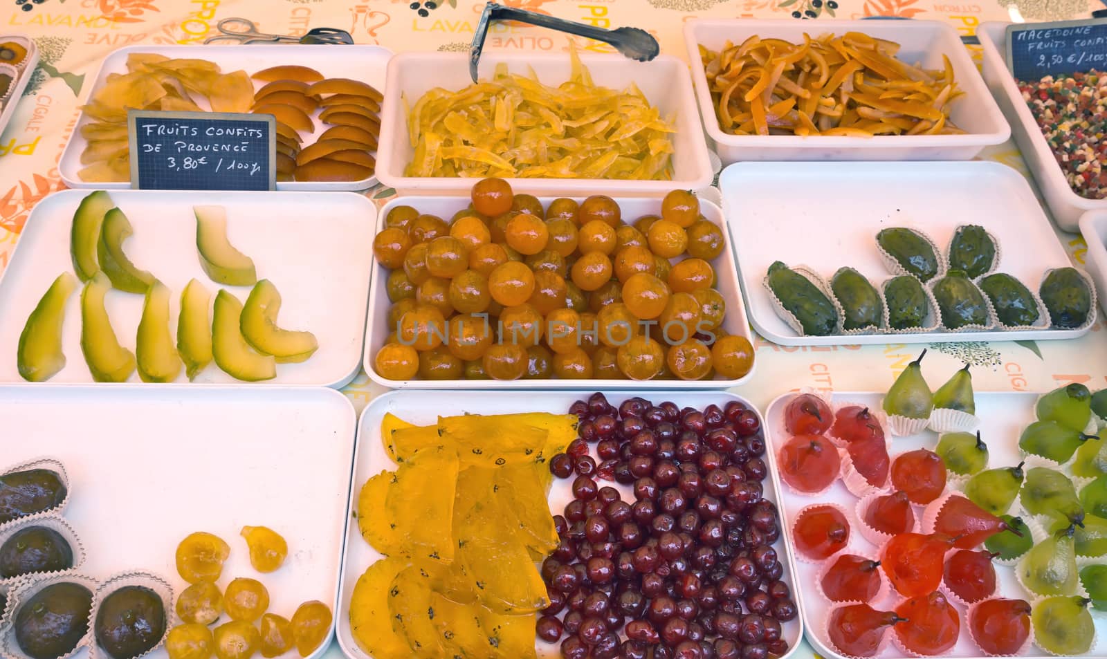 Natural candied fruit made from fruits. Market in city of Nice, France.