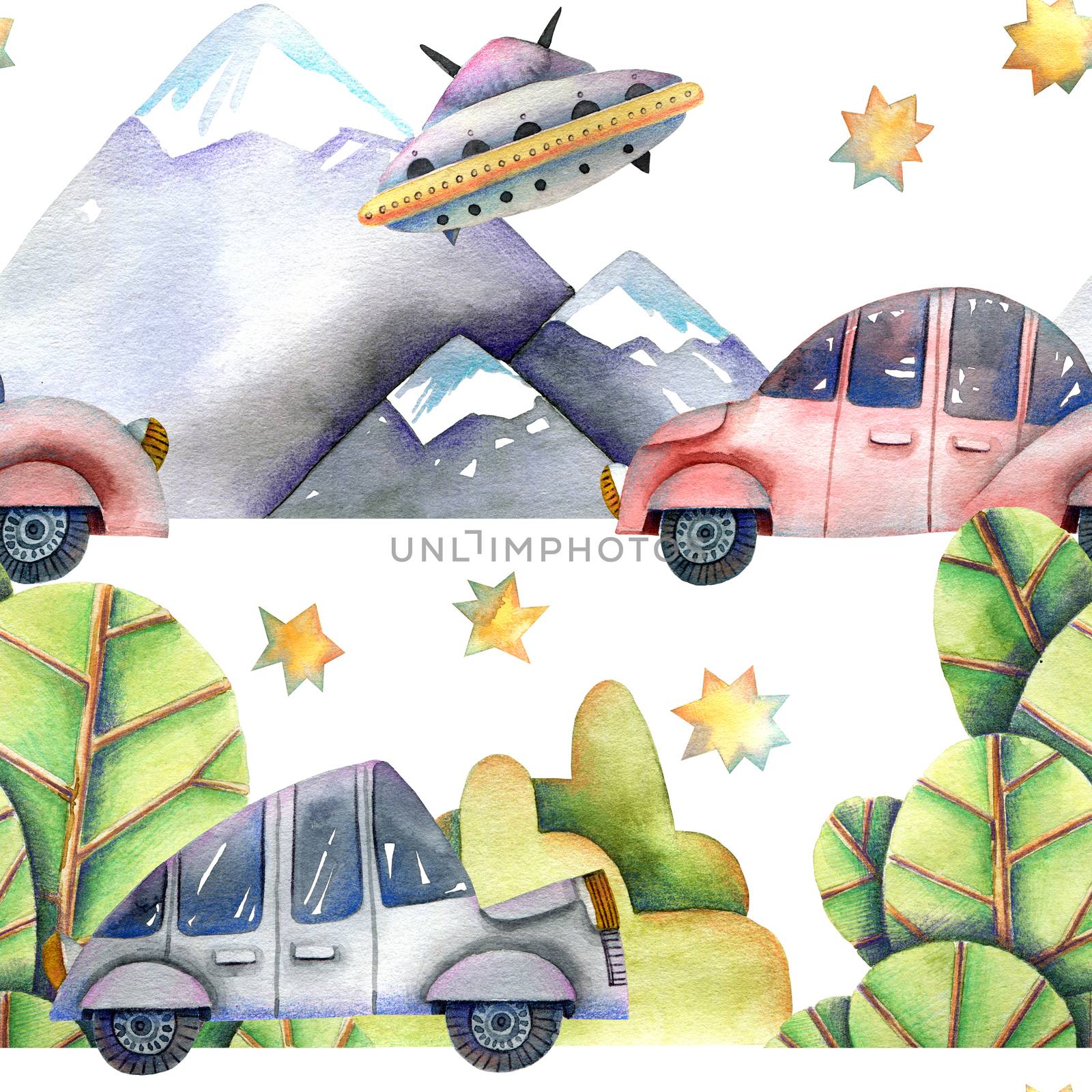 Cute illustration of moving cars, flying sauser and mountain landscape. Hand drawn watercolor drawing. Seamless pattern.