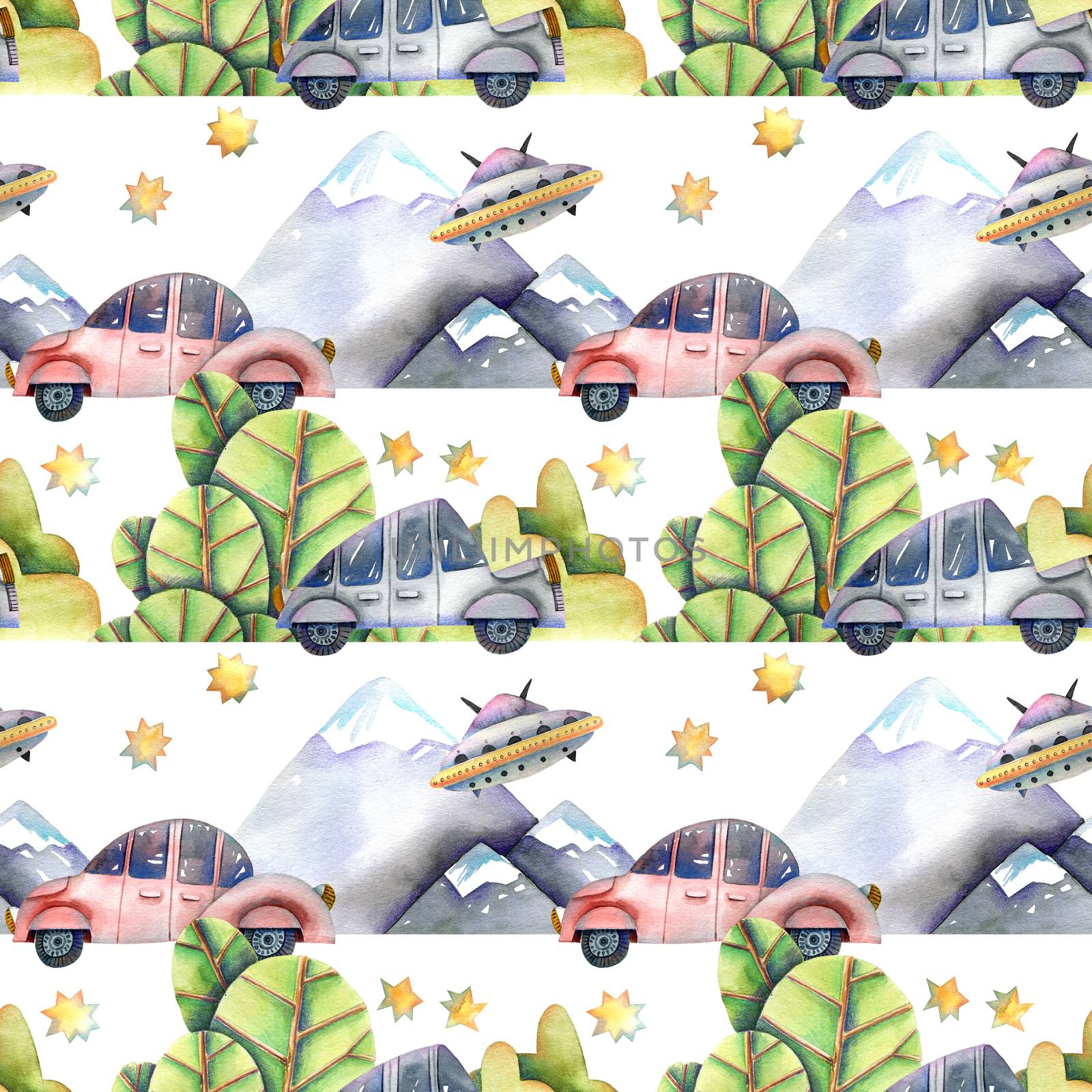 Cute illustration of moving cars, flying sauser and mountain landscape. Hand drawn watercolor drawing. Seamless pattern.