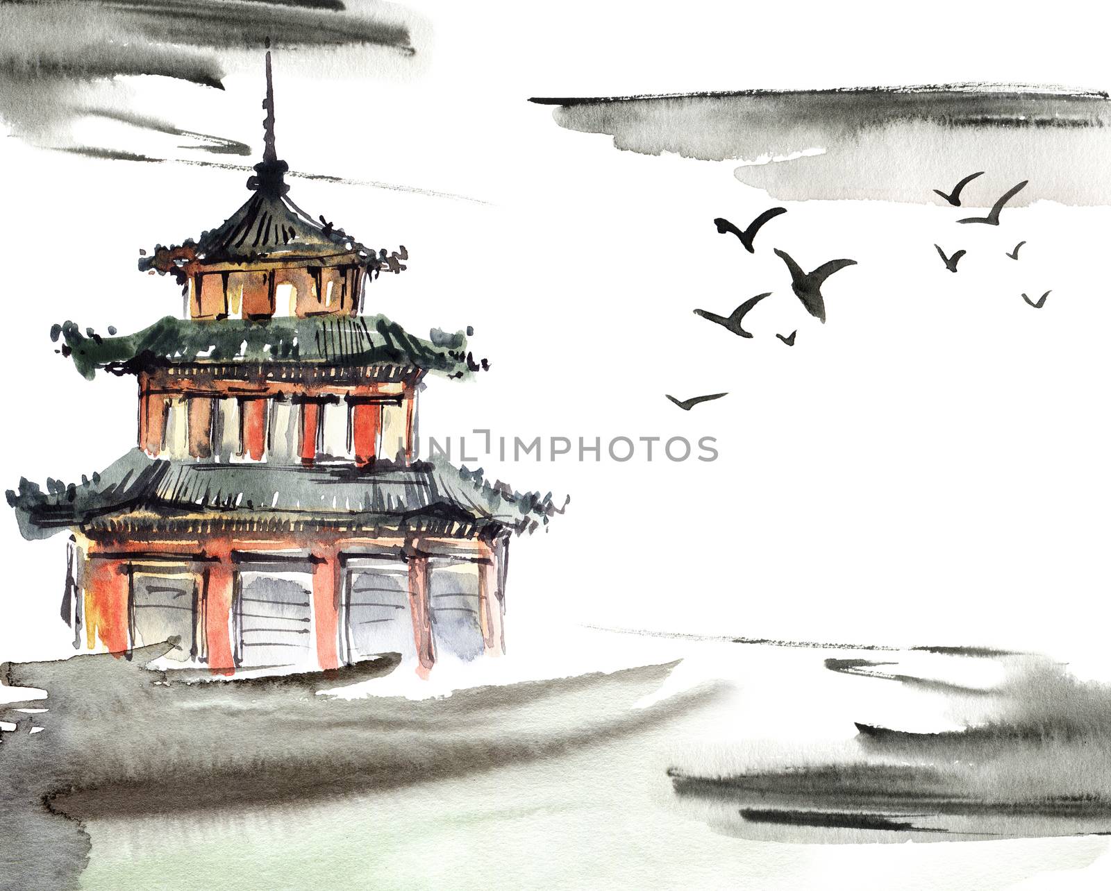 Watercolor and ink illustration of chinese landscape with pagoda and flying birds in style sumi-e, u-sin. Traditional asian architecture. Oriental traditional painting.