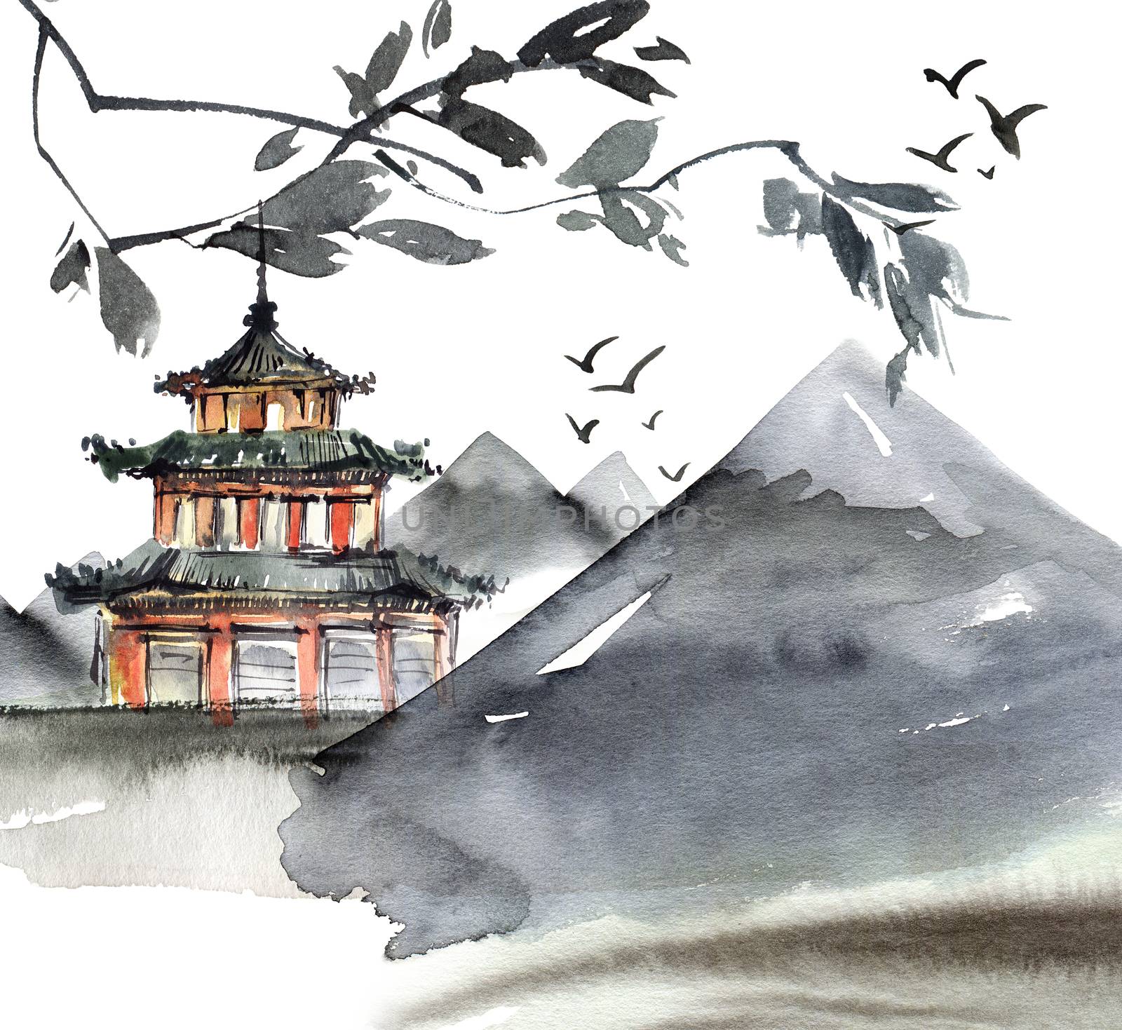 Watercolor and ink illustration of chinese landscape with pagoda, mountains, flying birds and tree in style sumi-e, u-sin. Traditional asian architecture. Oriental traditional painting.