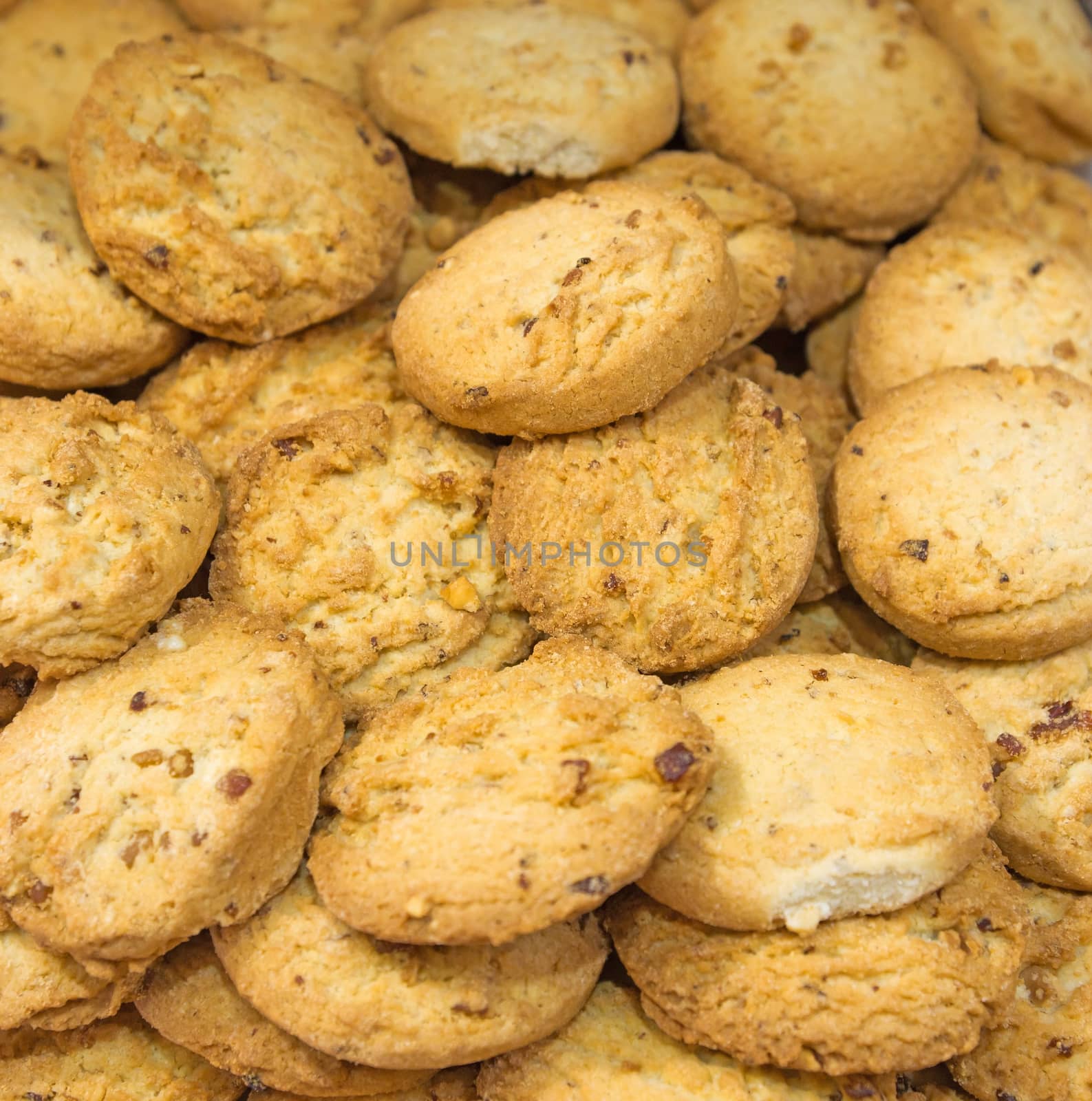 Background of fresh cookies in display case