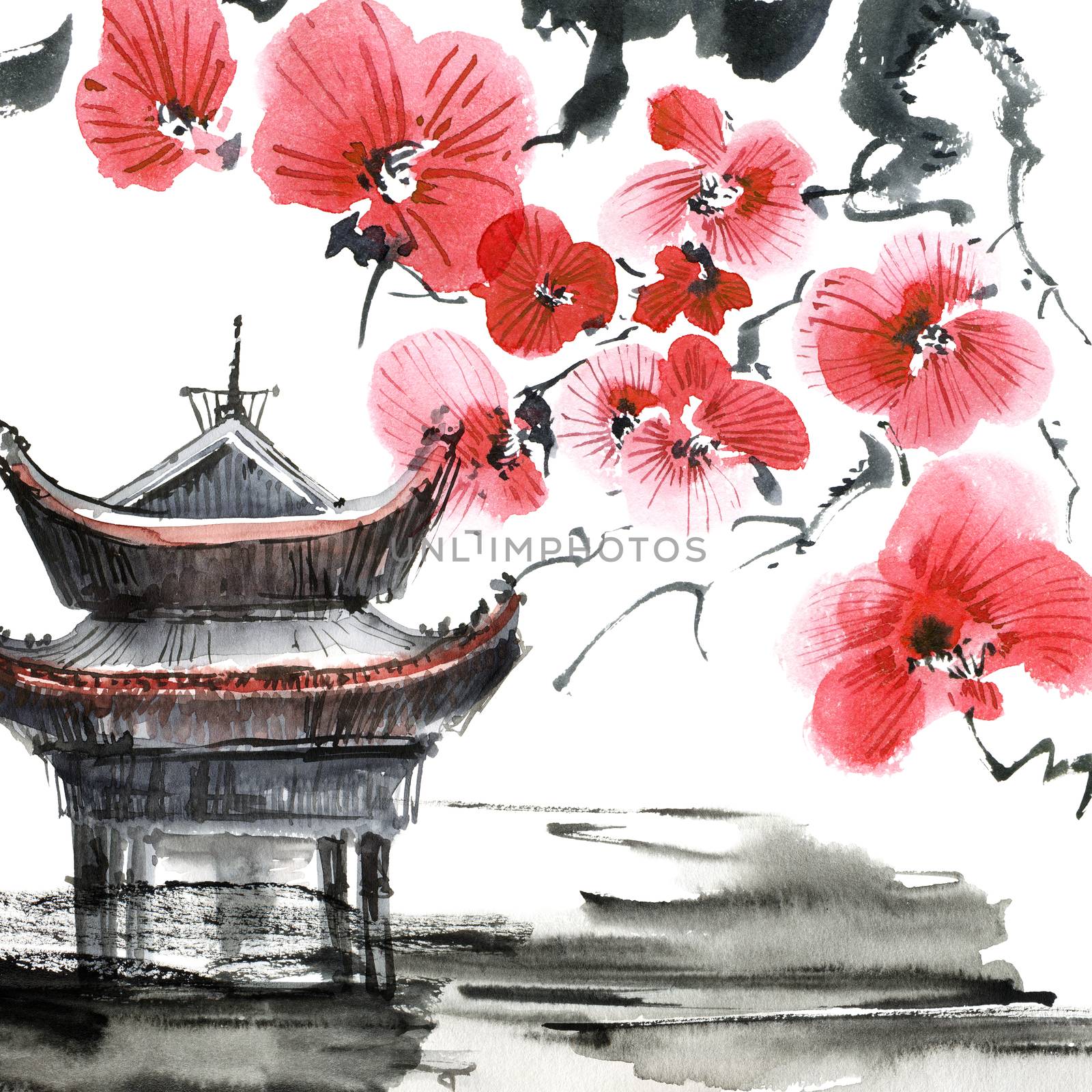 Watercolor and ink illustration of chinese landscape with pagoda and blossom sakura tree in style sumi-e, u-sin. Traditional asian architecture. Oriental traditional painting.