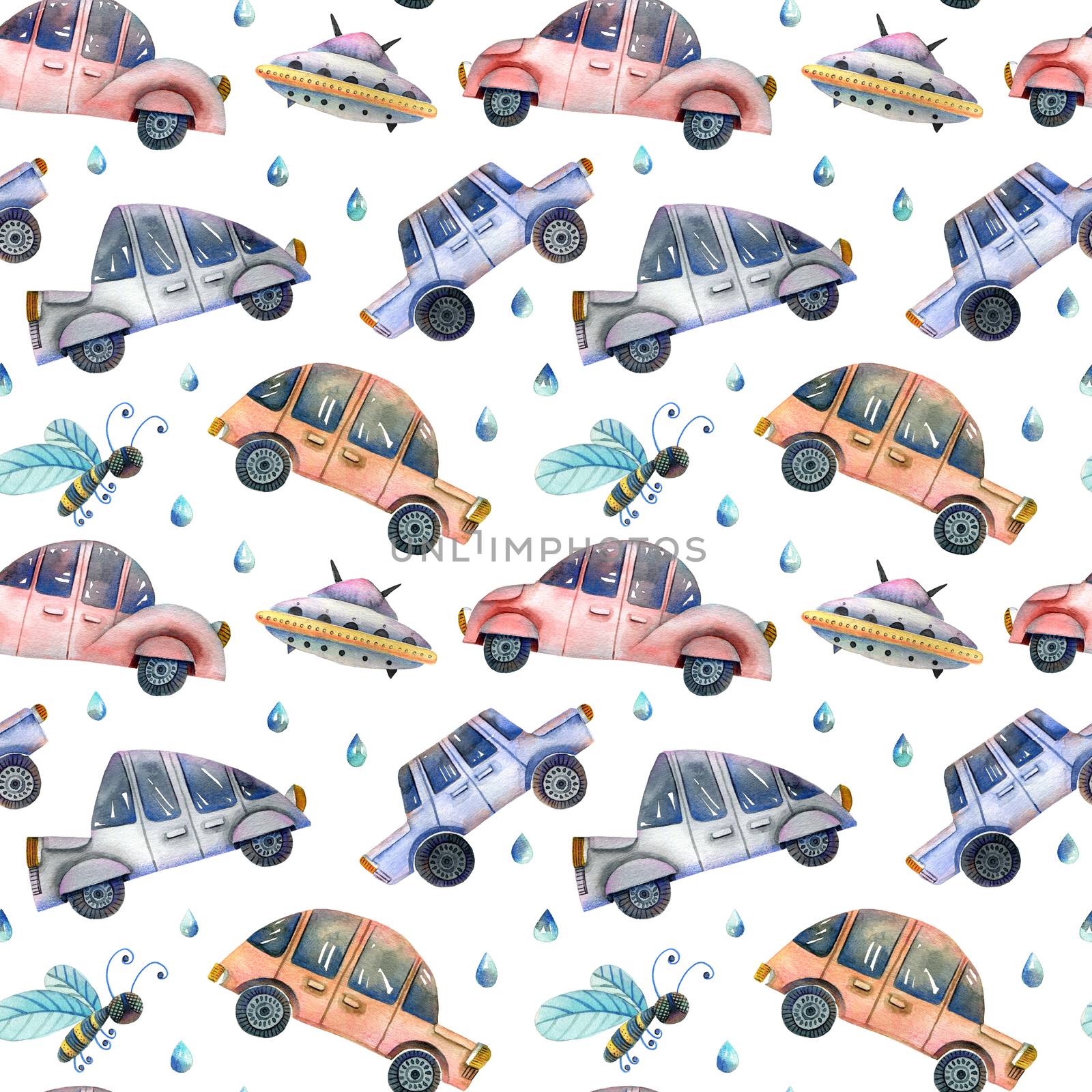 Cute illustration of moving cars, flying sauser, bee and rain drops. Hand drawn watercolor drawing. Seamless pattern.