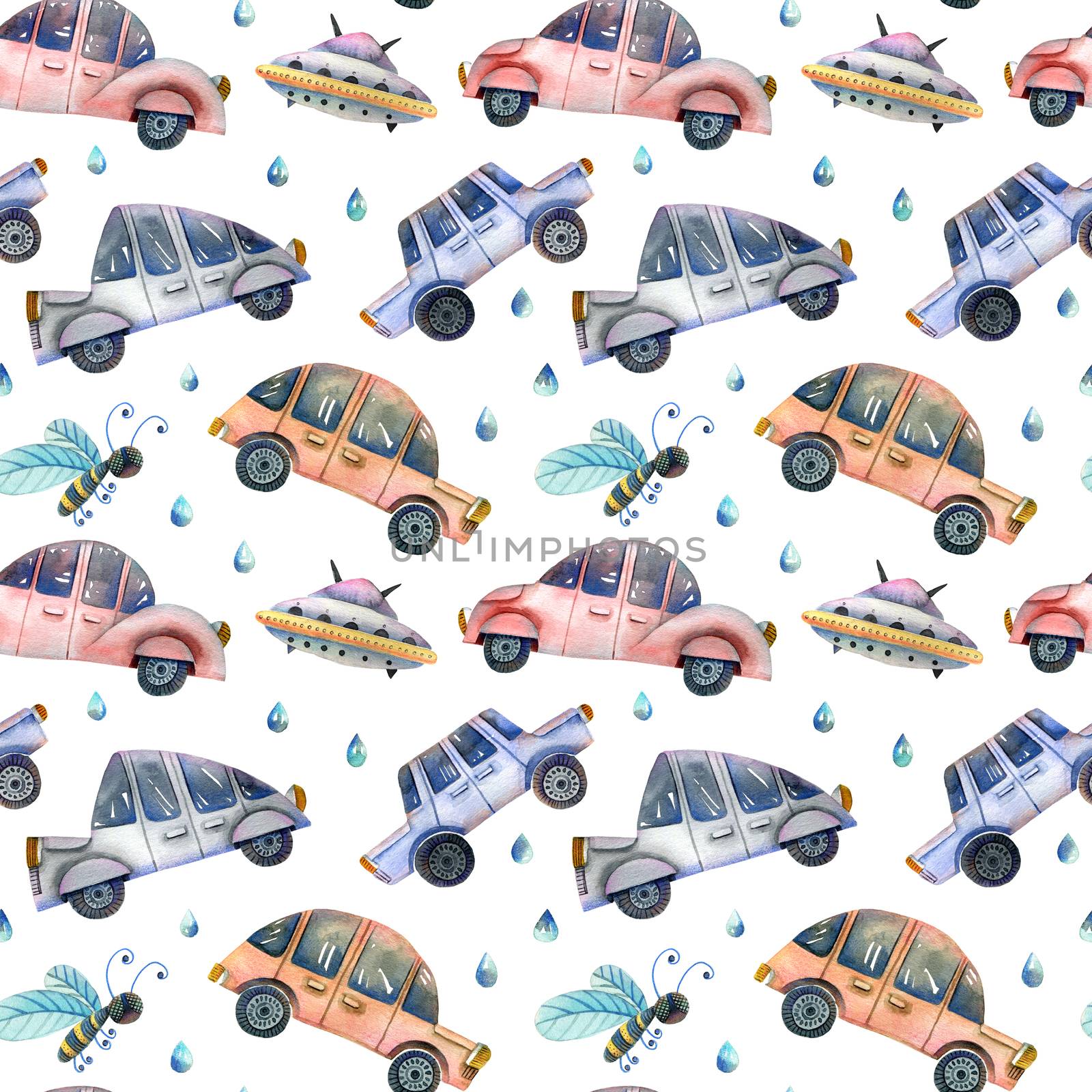 Cute illustration of moving cars, flying sauser, bee and rain drops. Hand drawn watercolor drawing. Seamless pattern.