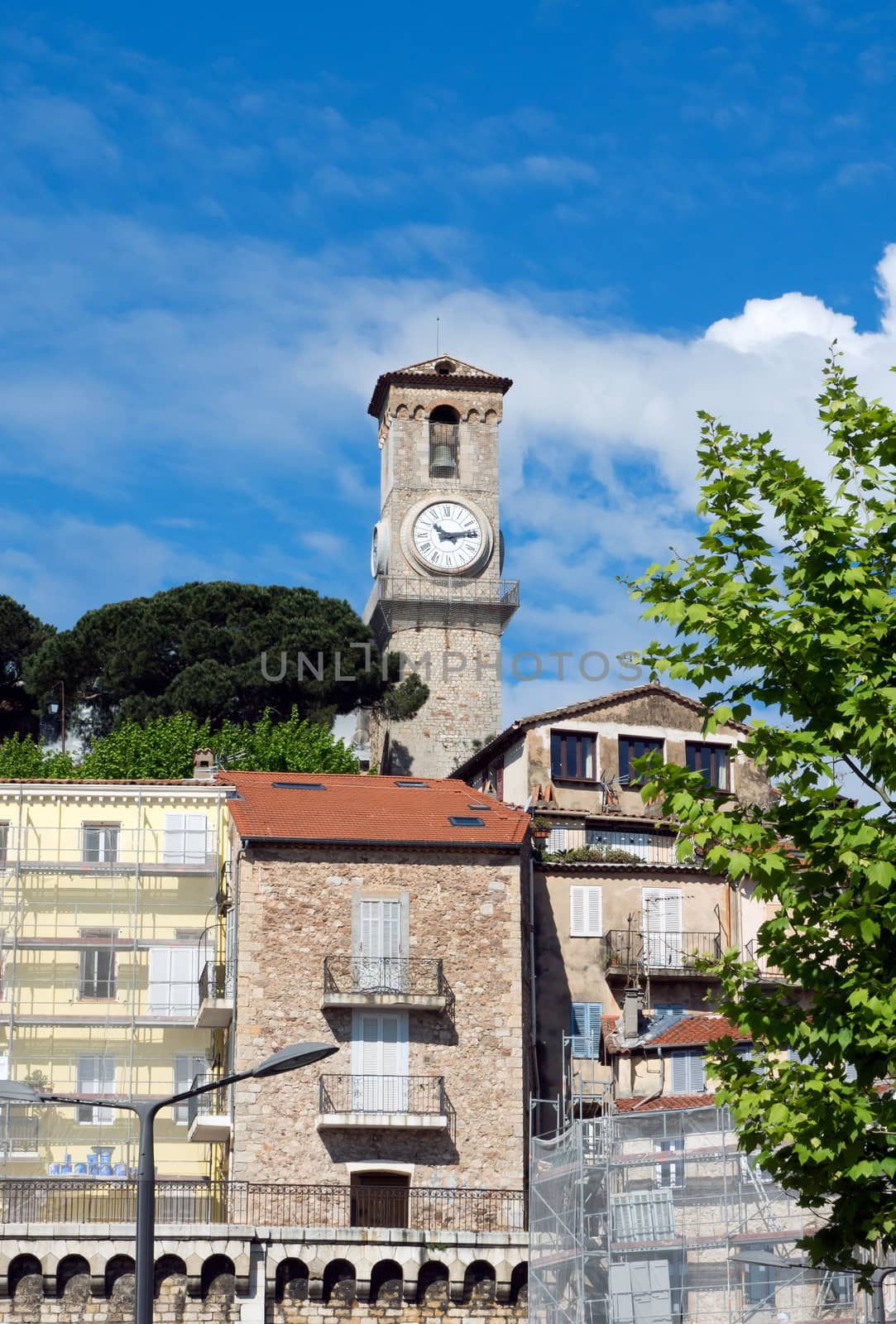 Clock tower to Church of Notre Dame de L'Esperance in Cannes, France.