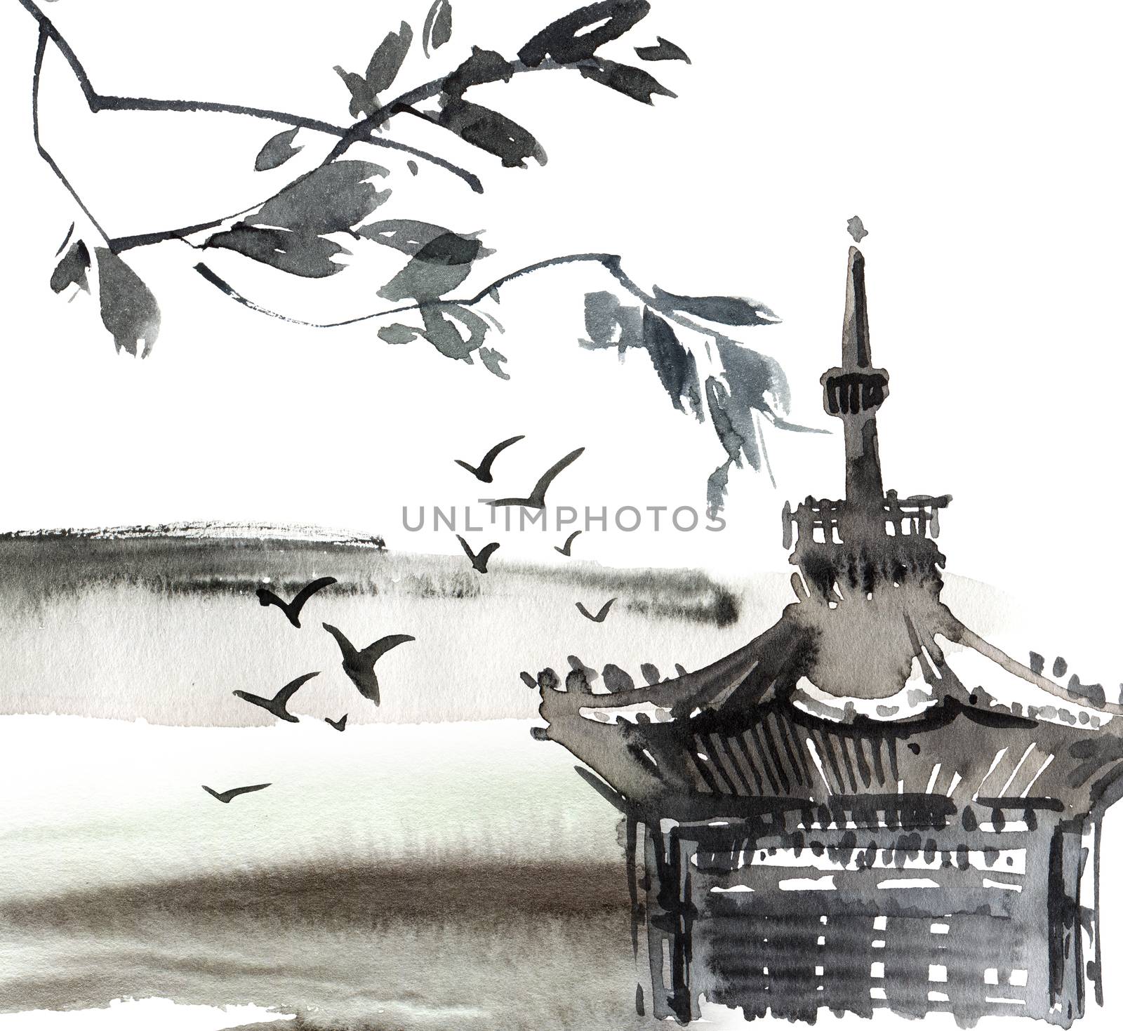 Watercolor and ink illustration of chinese landscape with pagoda, flying birds and tree in style sumi-e, u-sin. Traditional asian architecture. Oriental traditional painting.