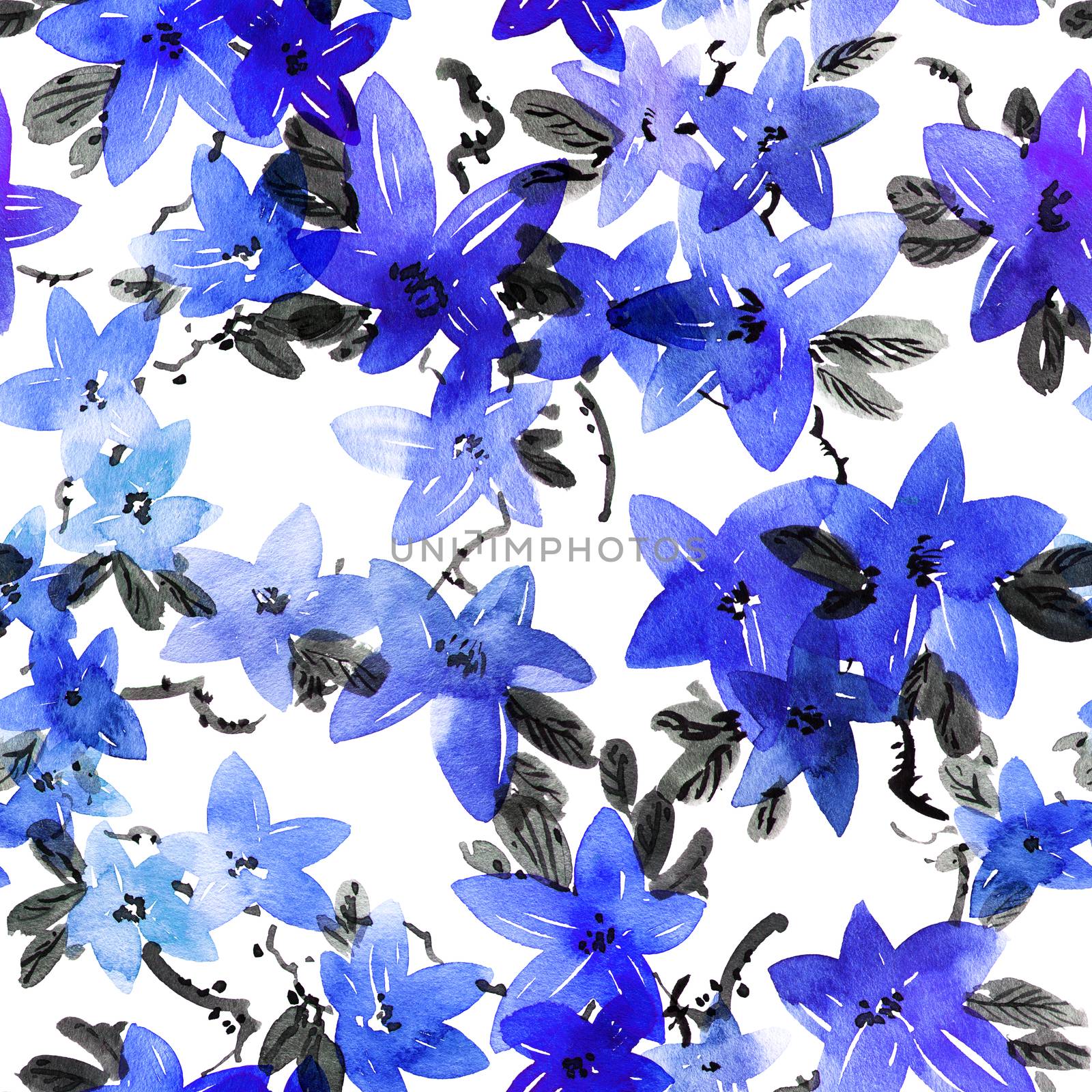 Watercolor and ink illustration of blue flowers with leaves. Seamless pattern. Oriental traditional painting in style sumi-e, u-sin and gohua.