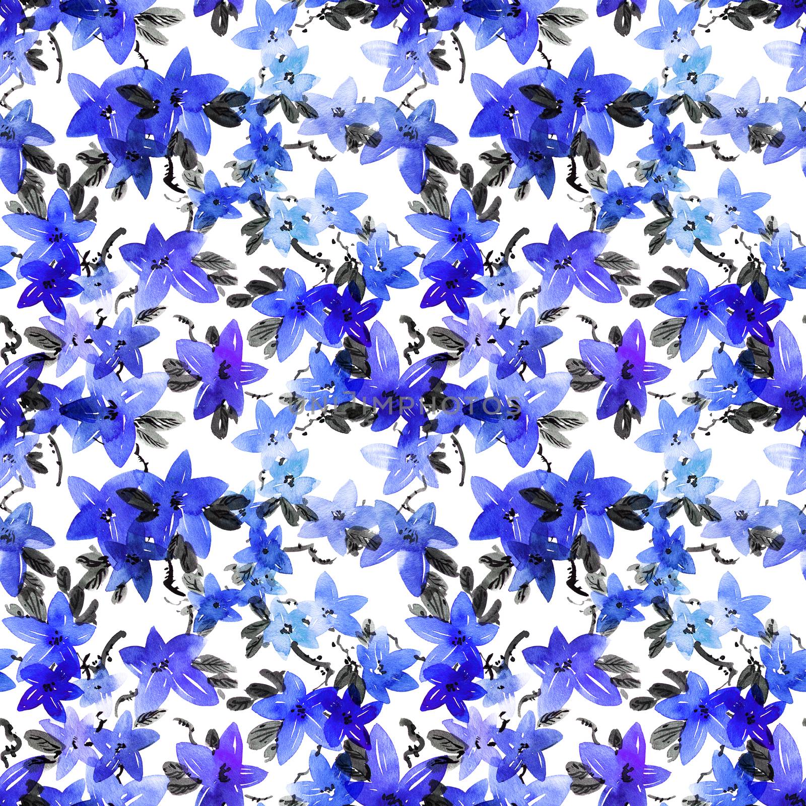 Watercolor and ink illustration of blue flowers with leaves. Seamless pattern. Oriental traditional painting in style sumi-e, u-sin and gohua.