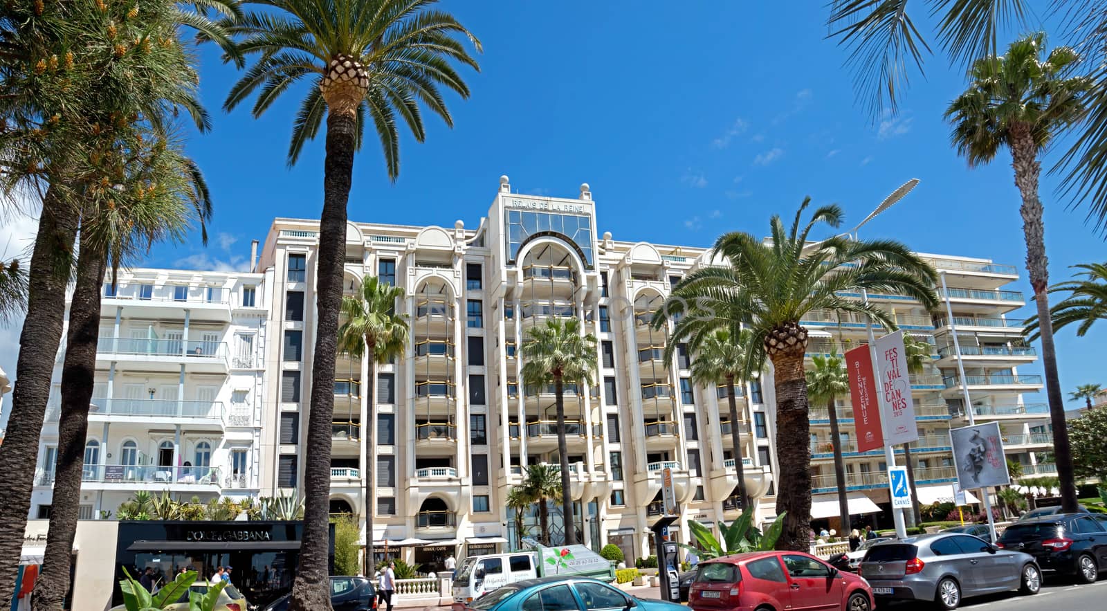 CANNES, FRANCE - MAY 6: Architecture of Cannes along the Croisette on May 6, 2013 in Cannes, France. City founded by the Romans in 42 BC.

Cannes, France - May 6, 2013: Architecture of Cannes along the Croisette. Cannes is a city located in the French Riviera. The city is also famous for its luxury shops, restaurants, and hotels. City founded by the Romans in 42 BC.