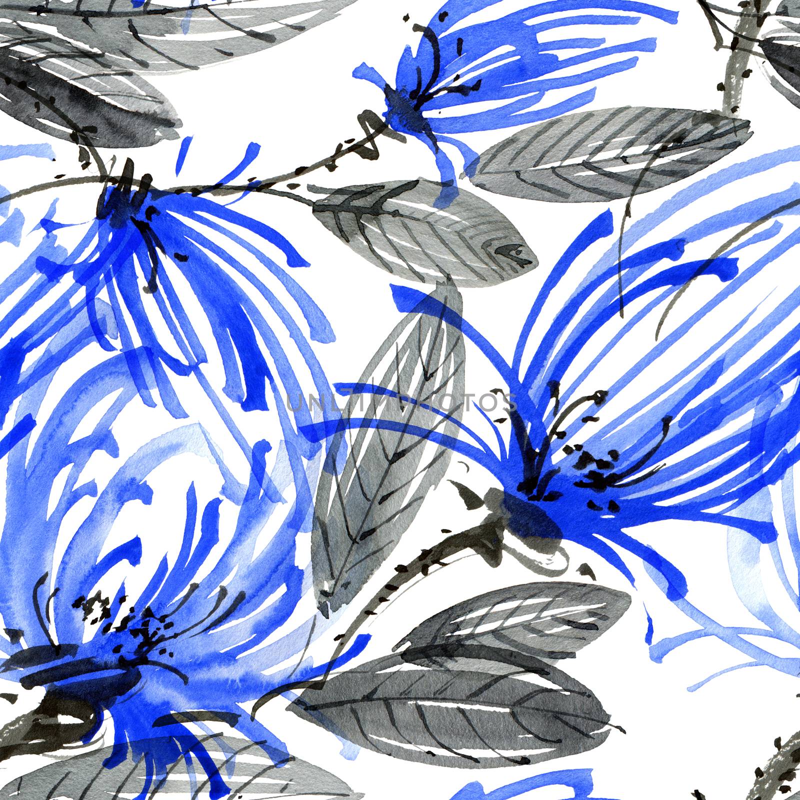 Watercolor and ink illustration of blue flower with leaves. Oriental traditional painting in style sumi-e, u-sin and gohua. Seamless pattern.