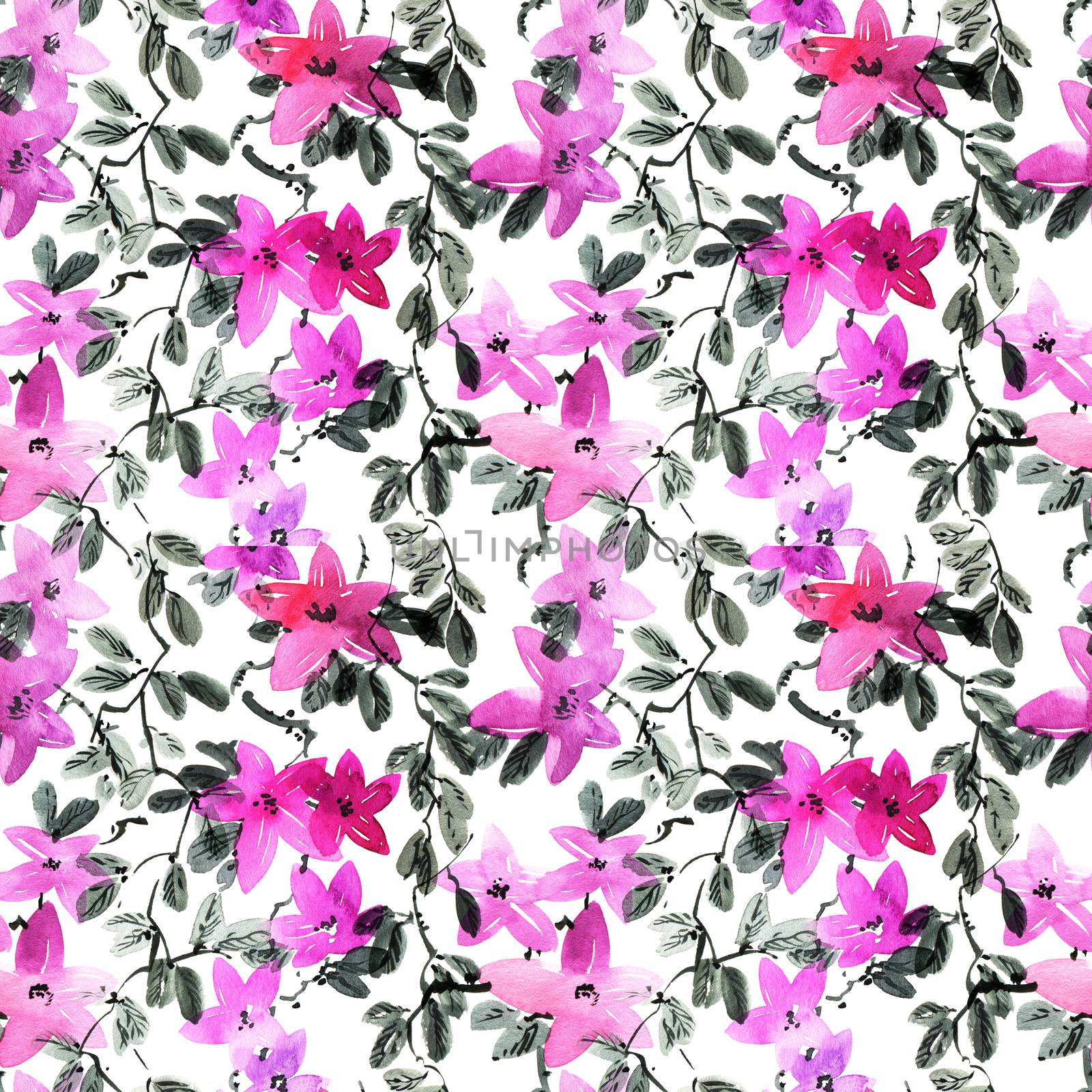 Watercolor and ink illustration of purple flowers with leaves. Seamless pattern. Oriental traditional painting in style sumi-e, u-sin and gohua.