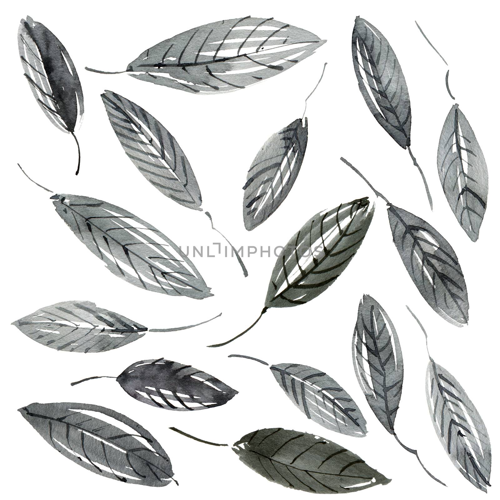 Watercolor and ink illustration of tree leaves in style sumi-e, u-sin. Oriental traditional painting.