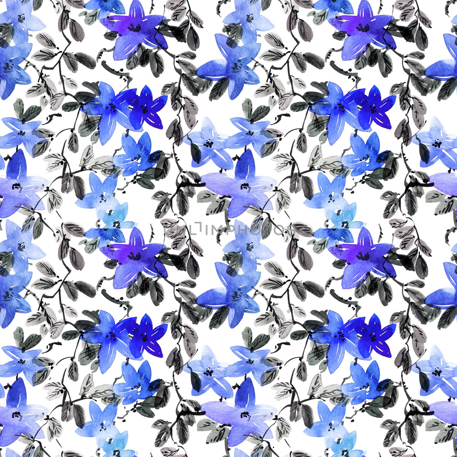 Watercolor and ink illustration of blue flowers with leaves. Seamless pattern. Oriental traditional painting in style sumi-e, u-sin and gohua.