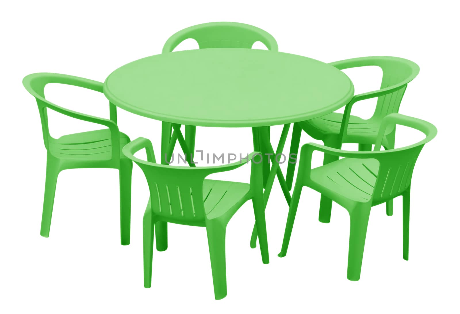 Plastic table and chairs isolated on white. Clipping path included.