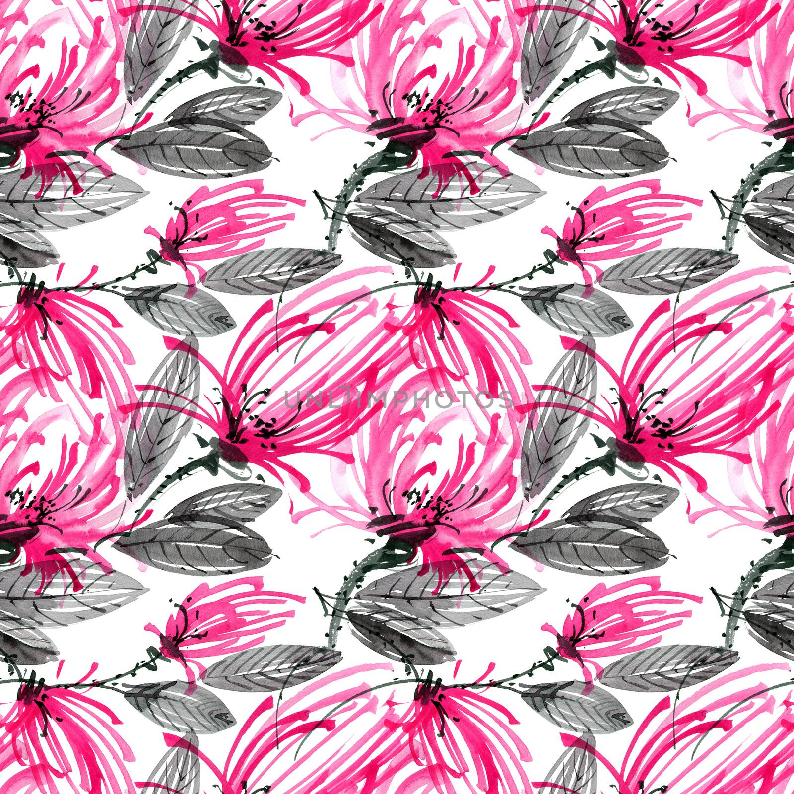 Watercolor and ink illustration of red flower with leaves. Oriental traditional painting in style sumi-e, u-sin and gohua. Seamless pattern.