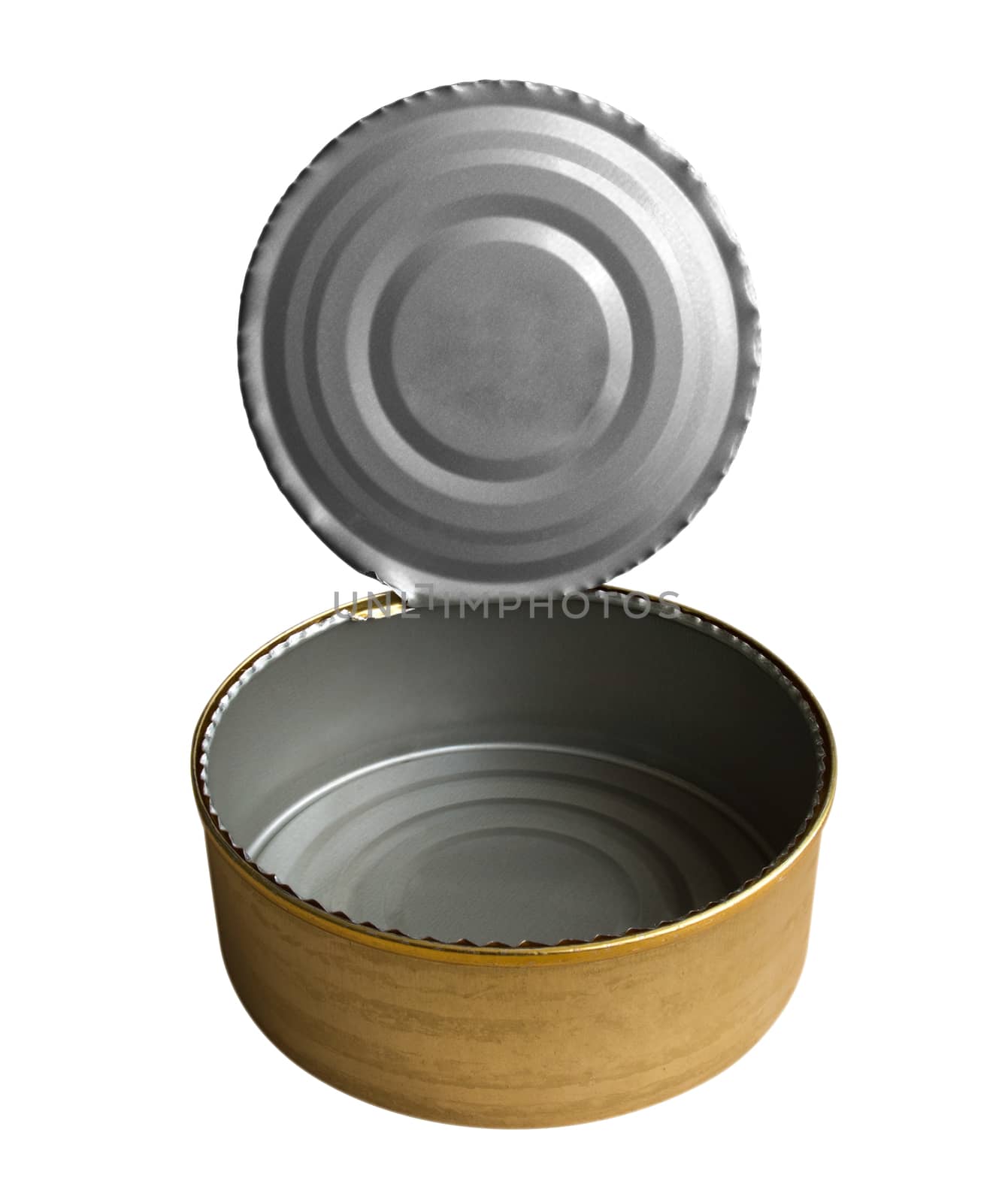 Opened an empty tin can isolated on white. Clipping path included.