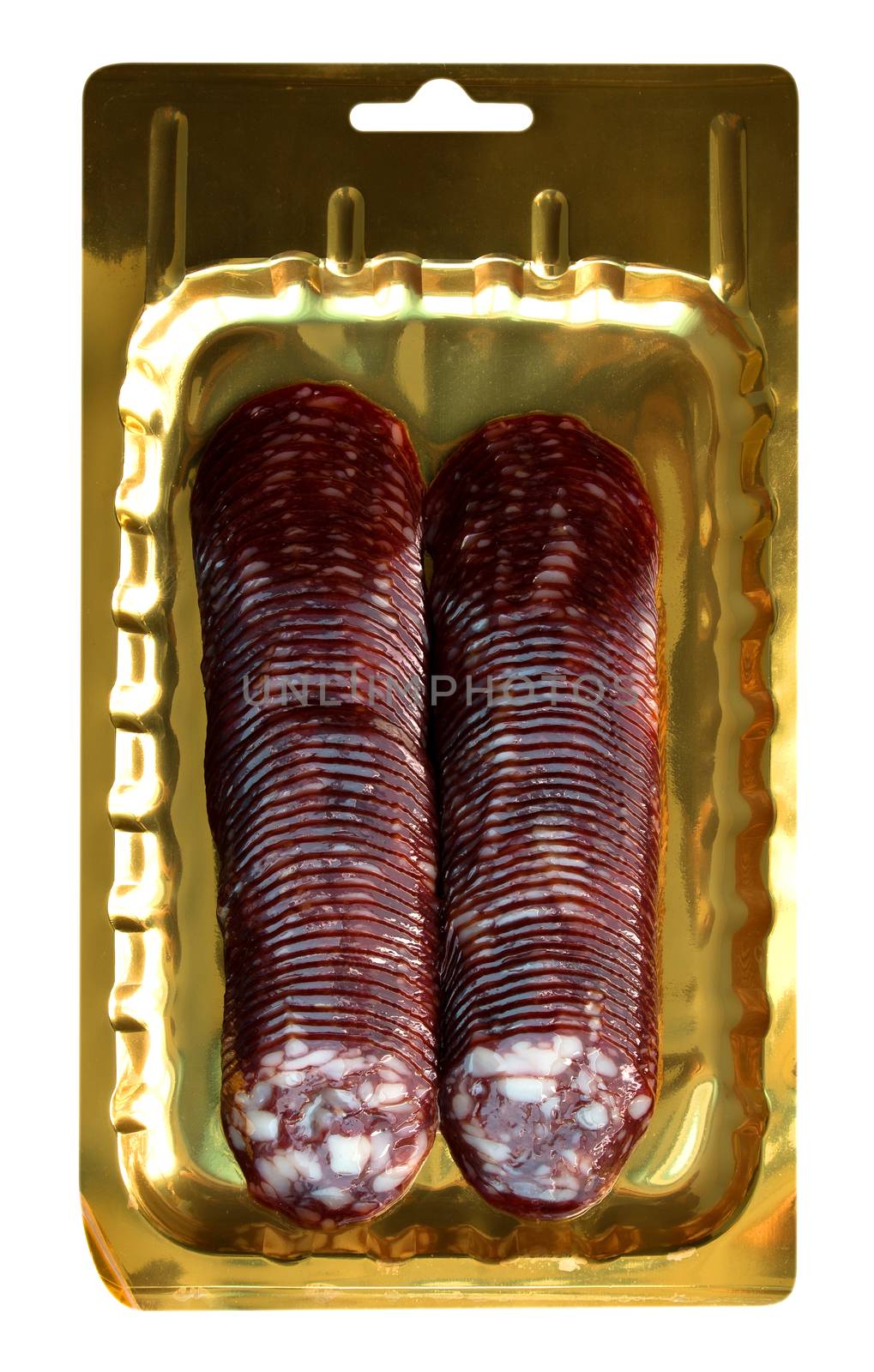 Vacuum packed sliced of smoked. Clipping path included